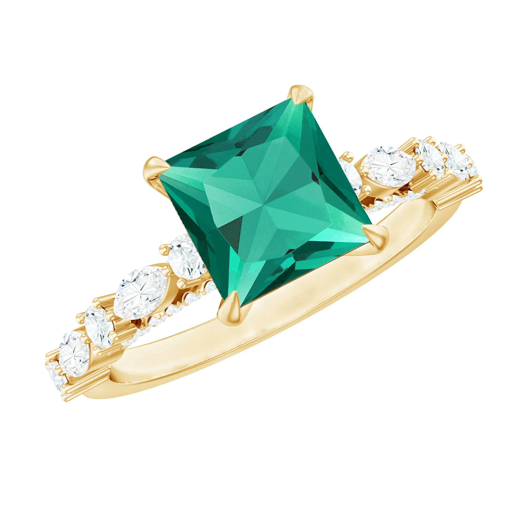Princess Cut Created Emerald Solitaire Ring with Moissanite Side Stones