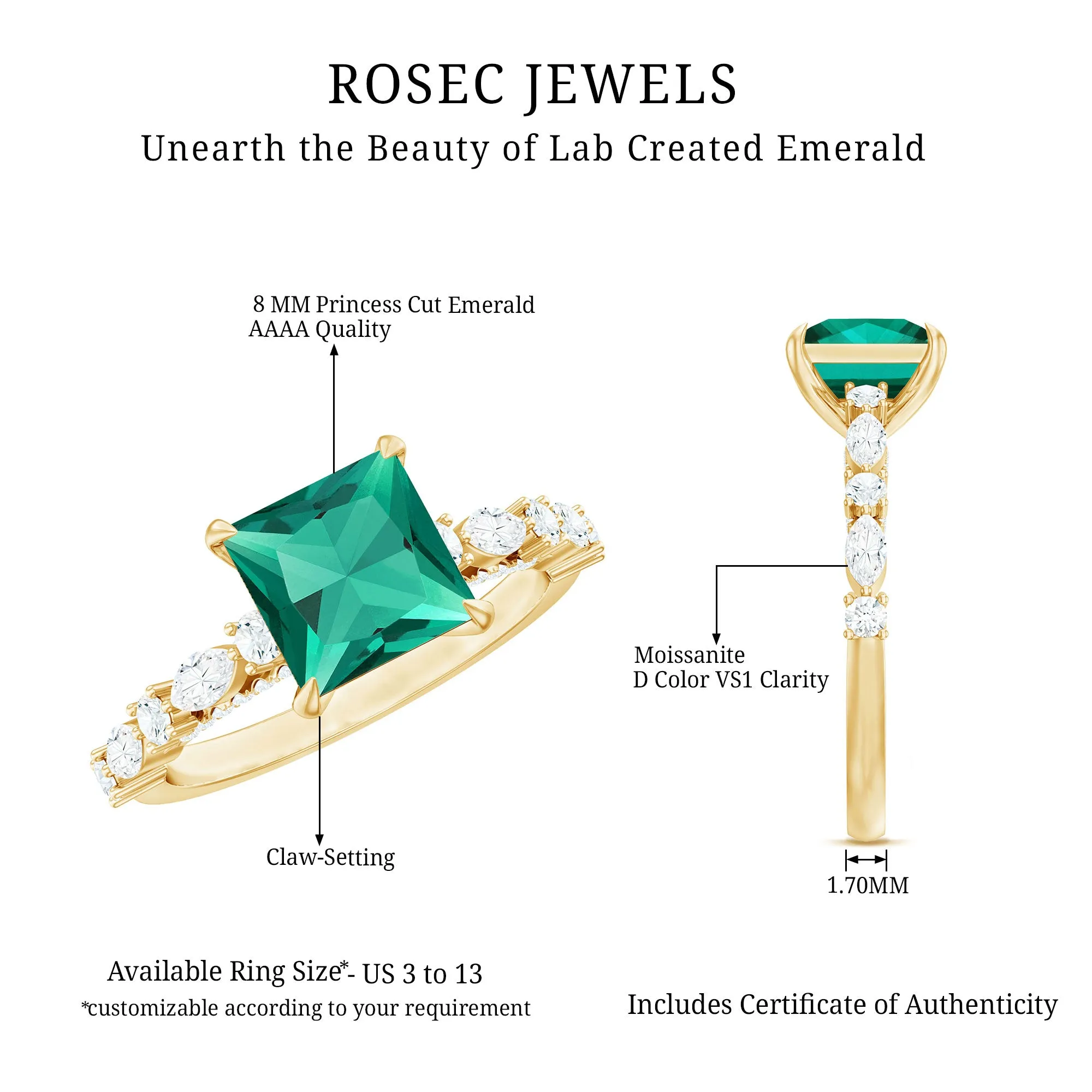 Princess Cut Created Emerald Solitaire Ring with Moissanite Side Stones