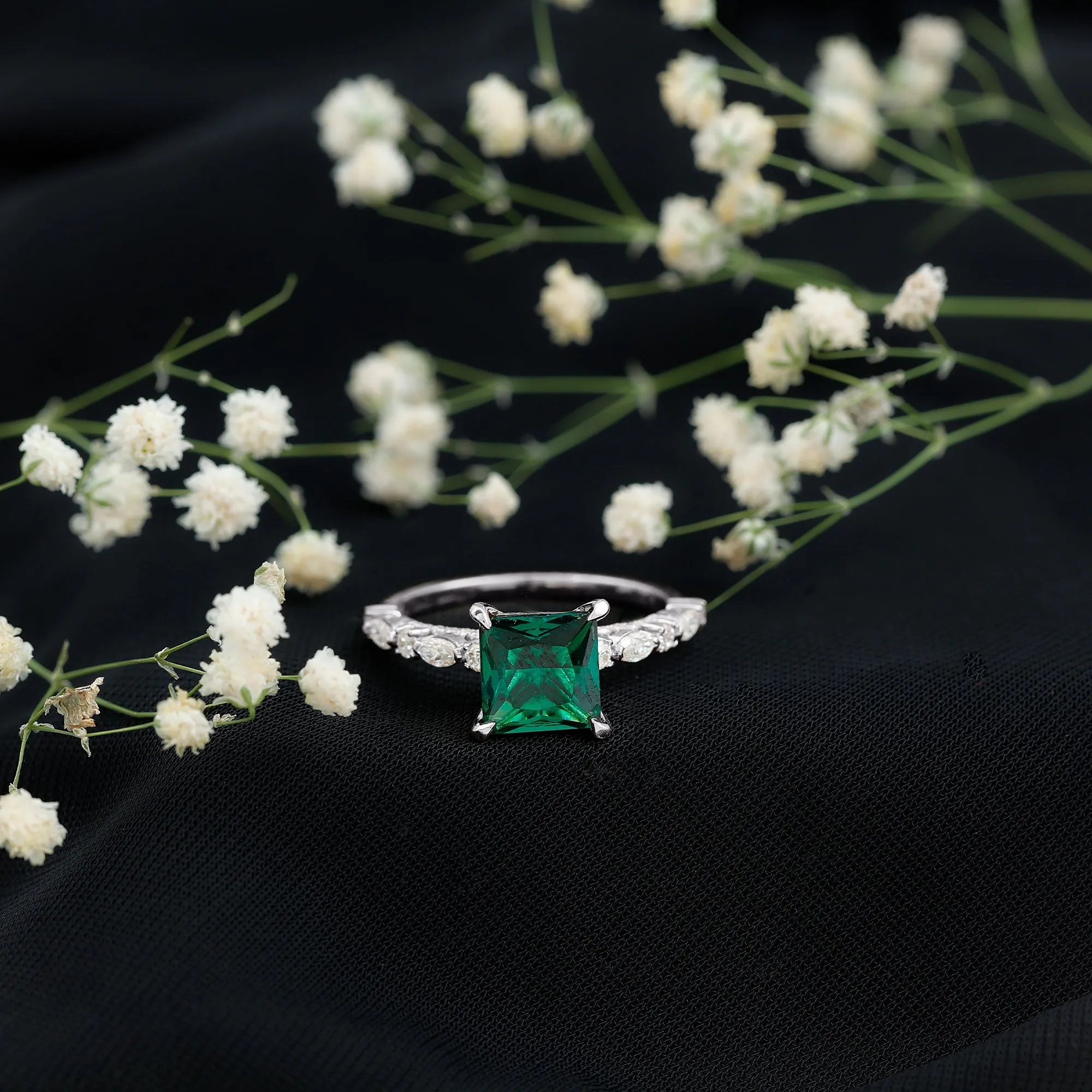Princess Cut Created Emerald Solitaire Ring with Moissanite Side Stones