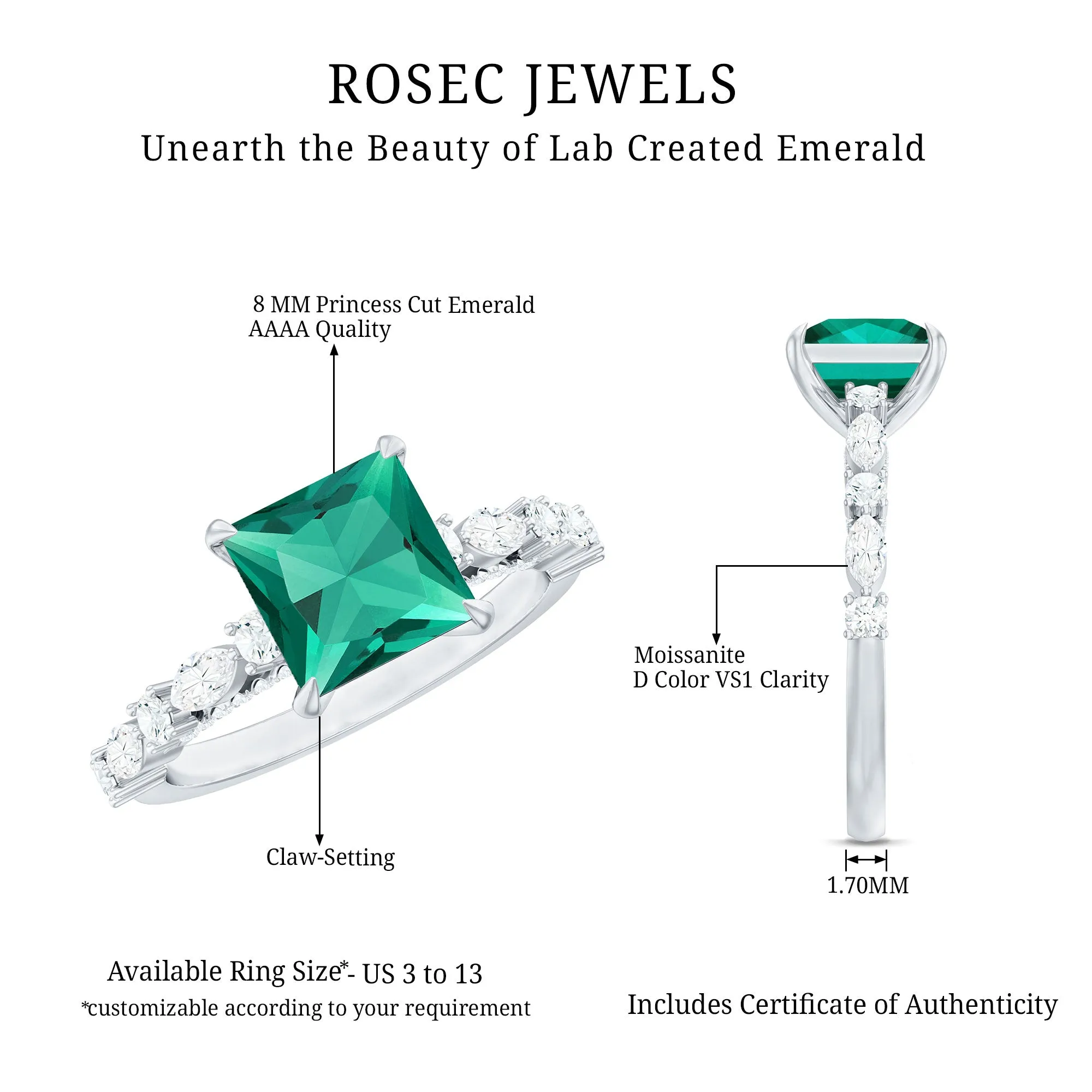 Princess Cut Created Emerald Solitaire Ring with Moissanite Side Stones