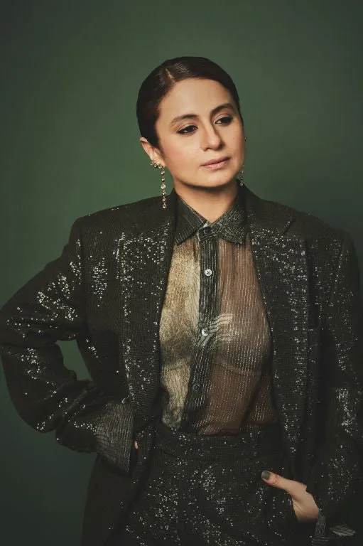 Rasika Duggal in our Emerald Sequin Long Jacked, Emerald Sequin Pant paired with Emerald Lurex Printed Shirt