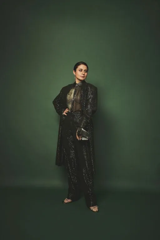 Rasika Duggal in our Emerald Sequin Long Jacked, Emerald Sequin Pant paired with Emerald Lurex Printed Shirt