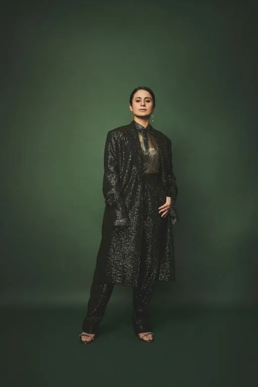 Rasika Duggal in our Emerald Sequin Long Jacked, Emerald Sequin Pant paired with Emerald Lurex Printed Shirt