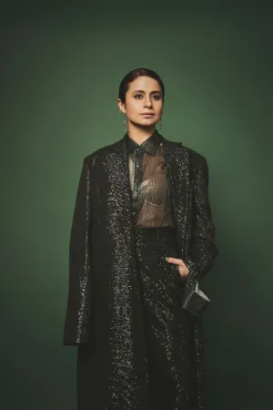 Rasika Duggal in our Emerald Sequin Long Jacked, Emerald Sequin Pant paired with Emerald Lurex Printed Shirt