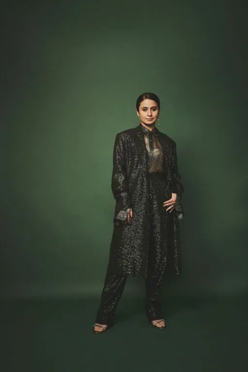 Rasika Duggal in our Emerald Sequin Long Jacked, Emerald Sequin Pant paired with Emerald Lurex Printed Shirt
