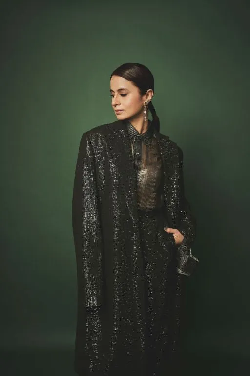 Rasika Duggal in our Emerald Sequin Long Jacked, Emerald Sequin Pant paired with Emerald Lurex Printed Shirt