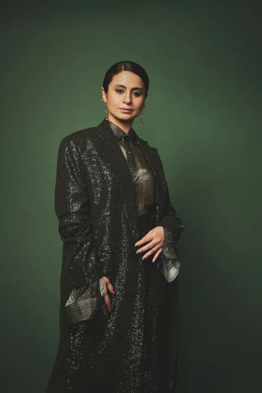 Rasika Duggal in our Emerald Sequin Long Jacked, Emerald Sequin Pant paired with Emerald Lurex Printed Shirt