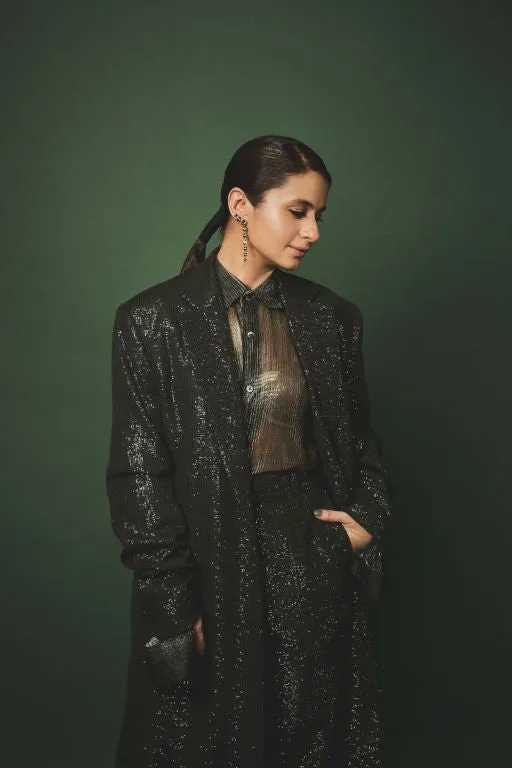 Rasika Duggal in our Emerald Sequin Long Jacked, Emerald Sequin Pant paired with Emerald Lurex Printed Shirt