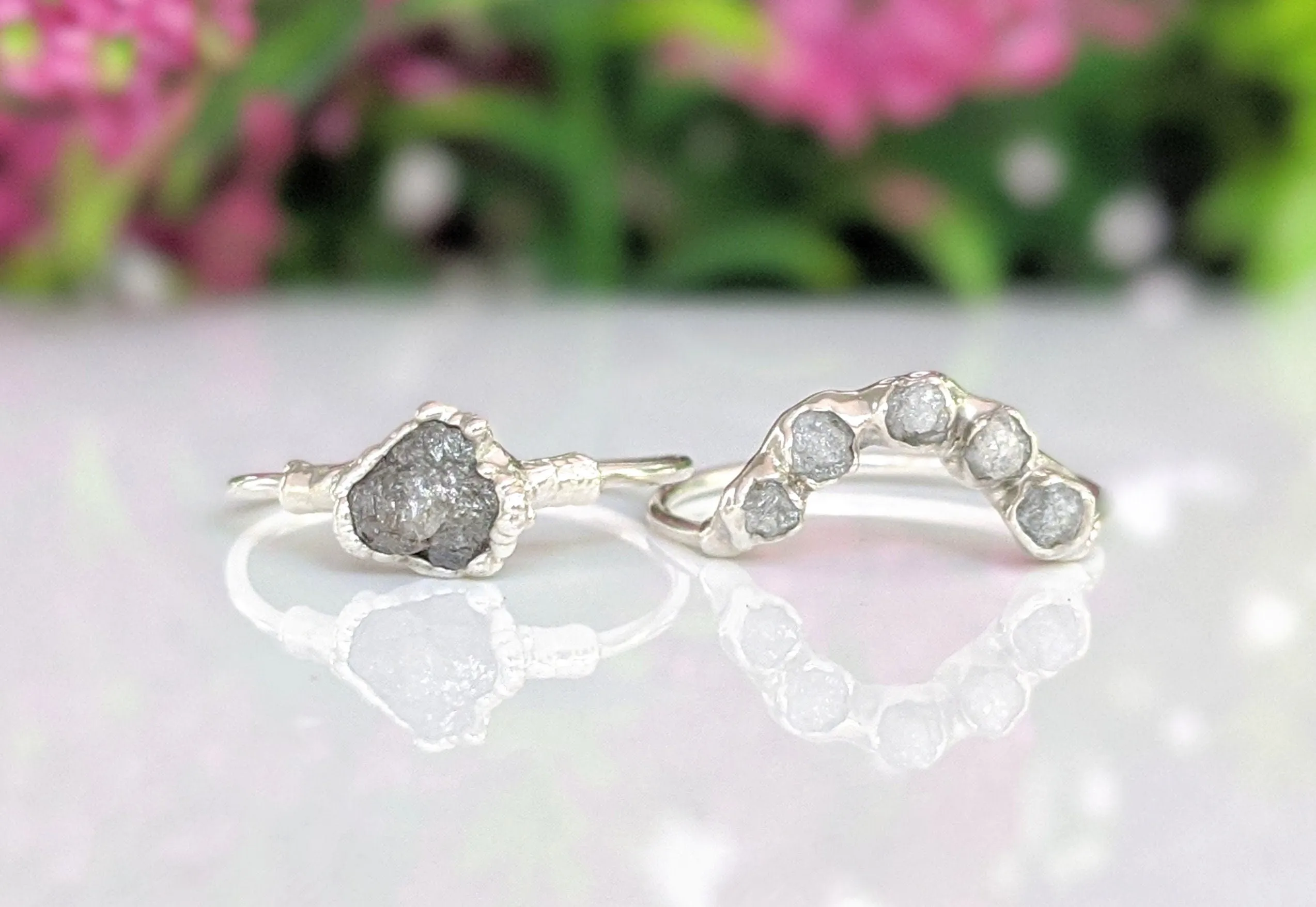 Raw diamond Chevron wedding ring set