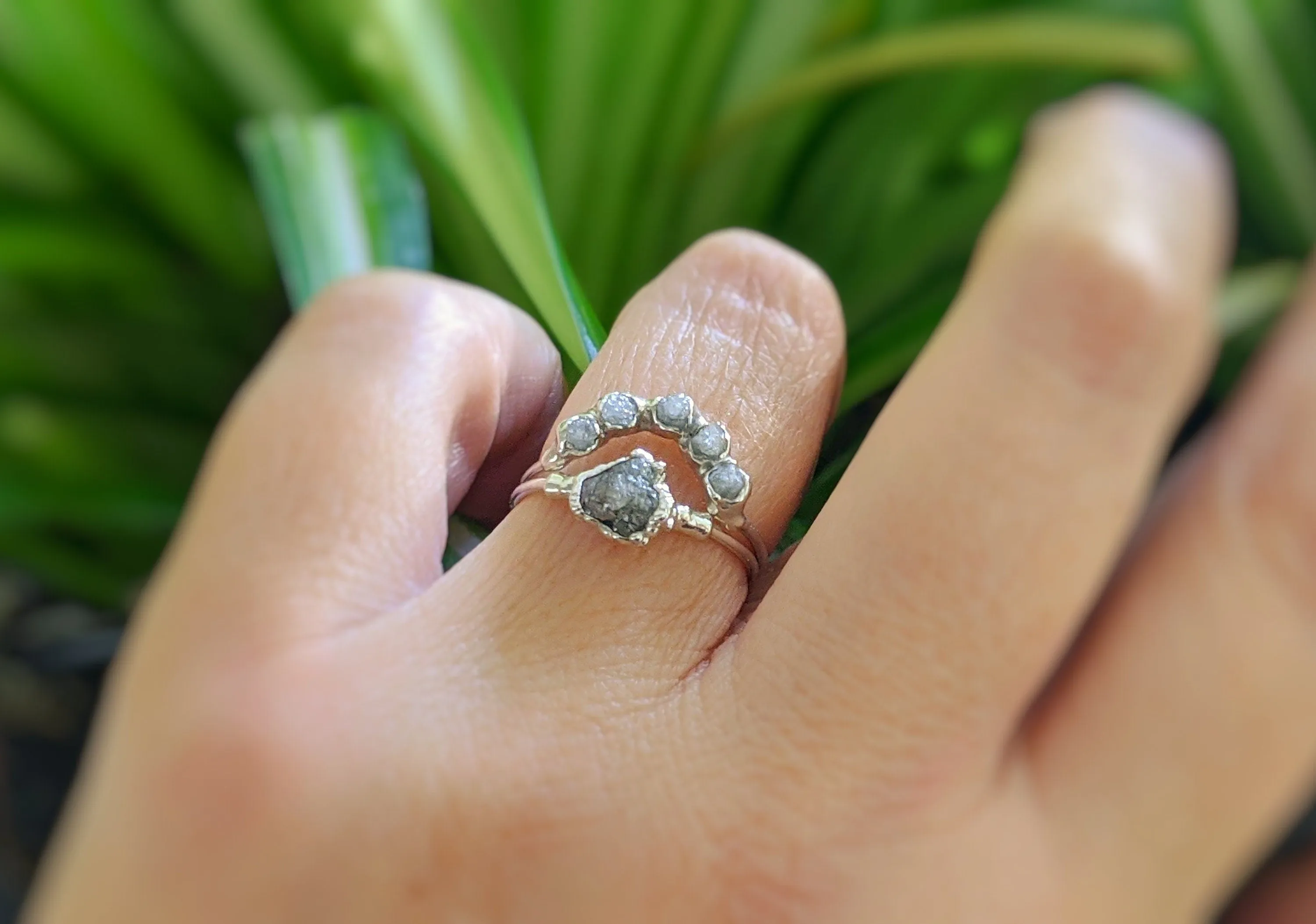 Raw diamond Chevron wedding ring set