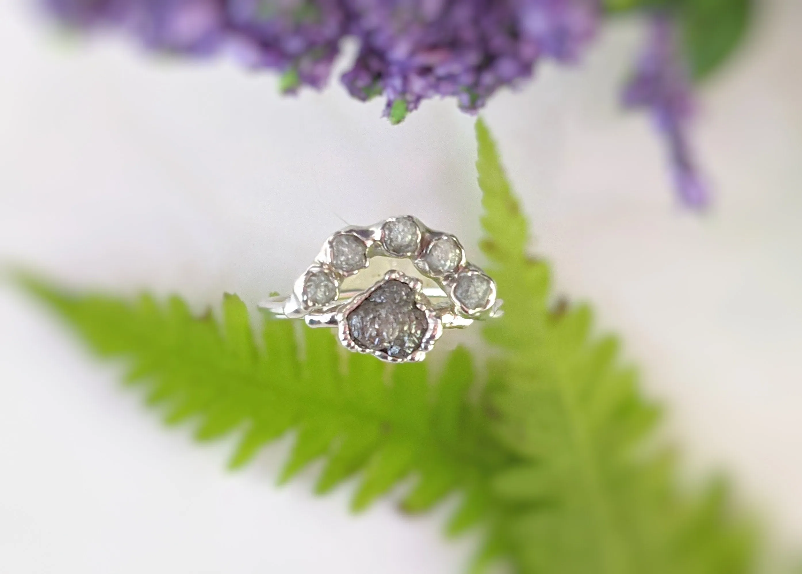 Raw diamond Chevron wedding ring set