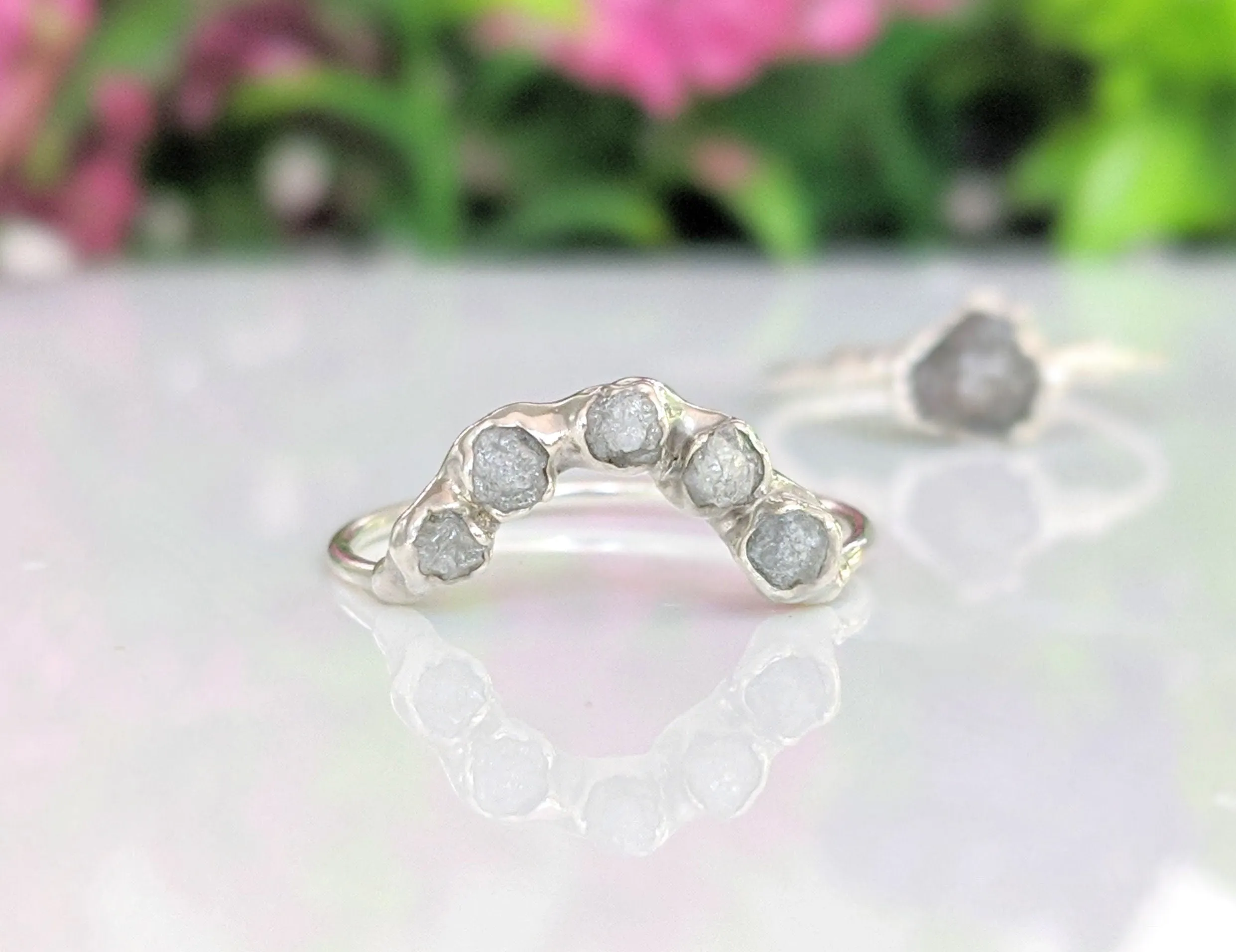 Raw diamond Chevron wedding ring set
