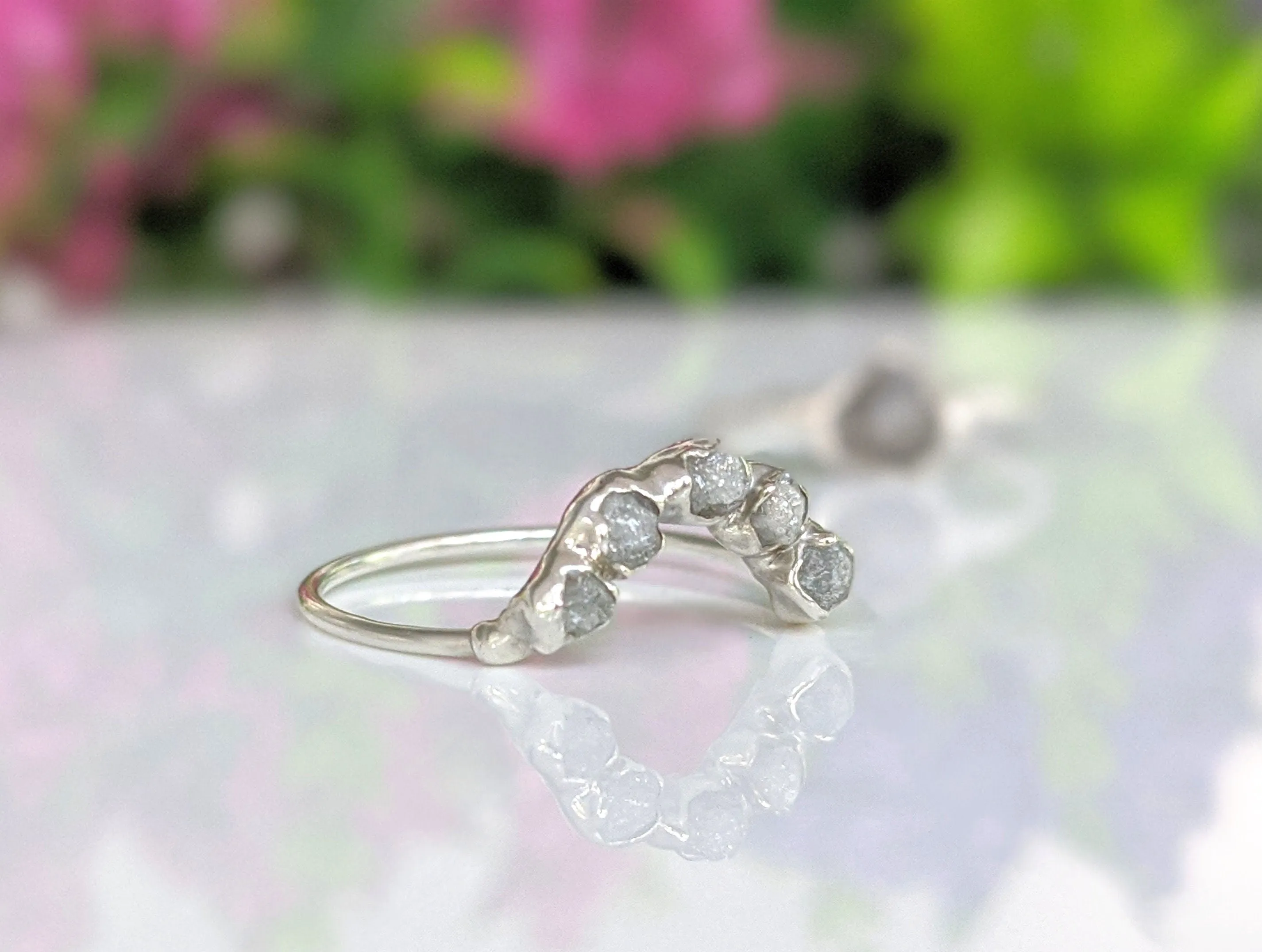Raw diamond Chevron wedding ring set