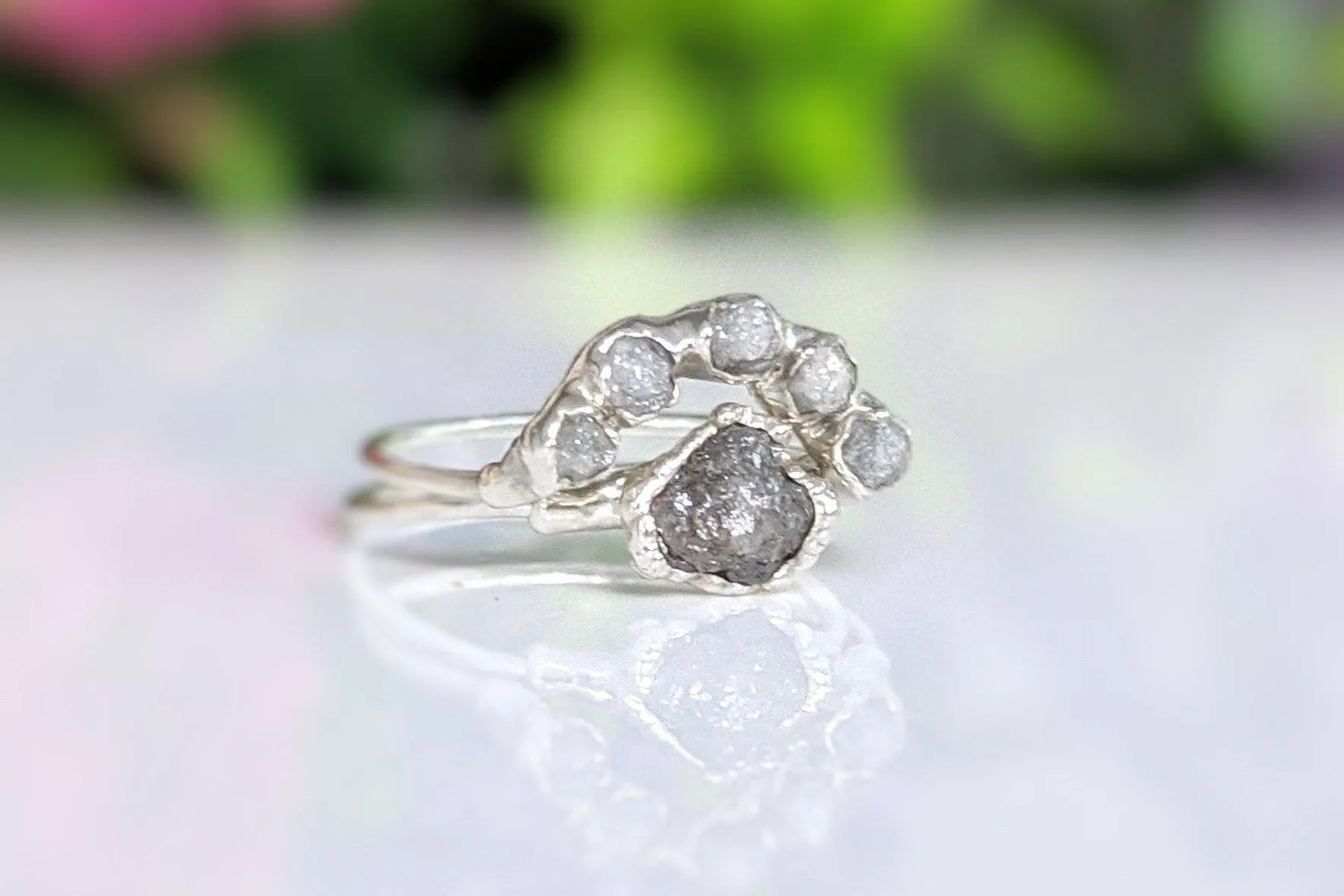 Raw diamond Chevron wedding ring set