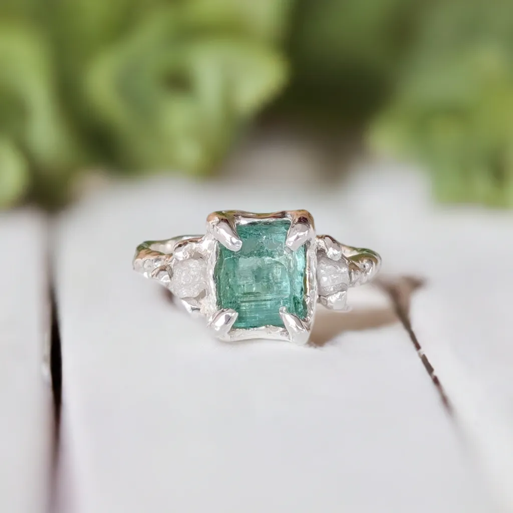 Raw Emerald and diamond engagement ring in Solid Sterling Silver