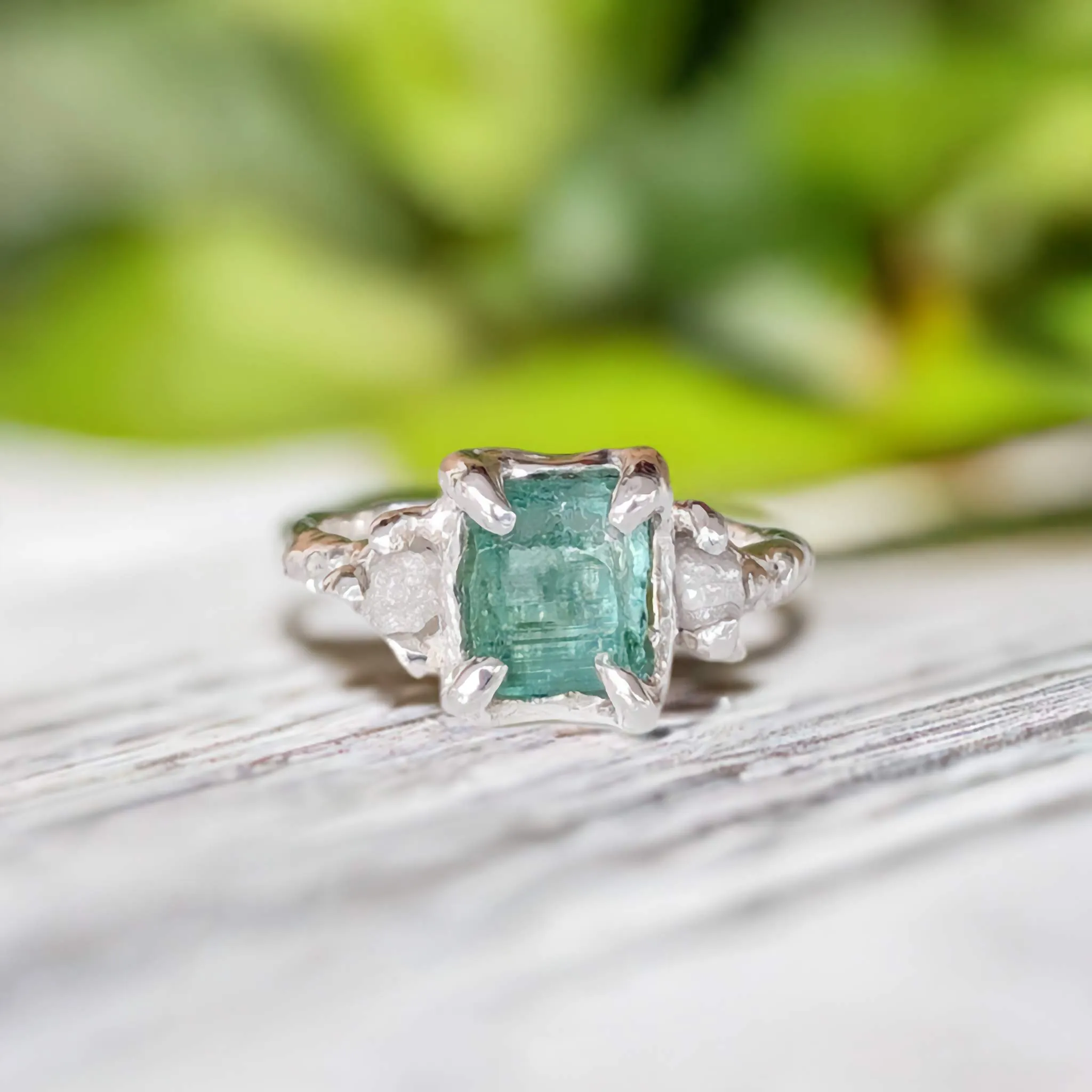 Raw Emerald and diamond engagement ring in Solid Sterling Silver