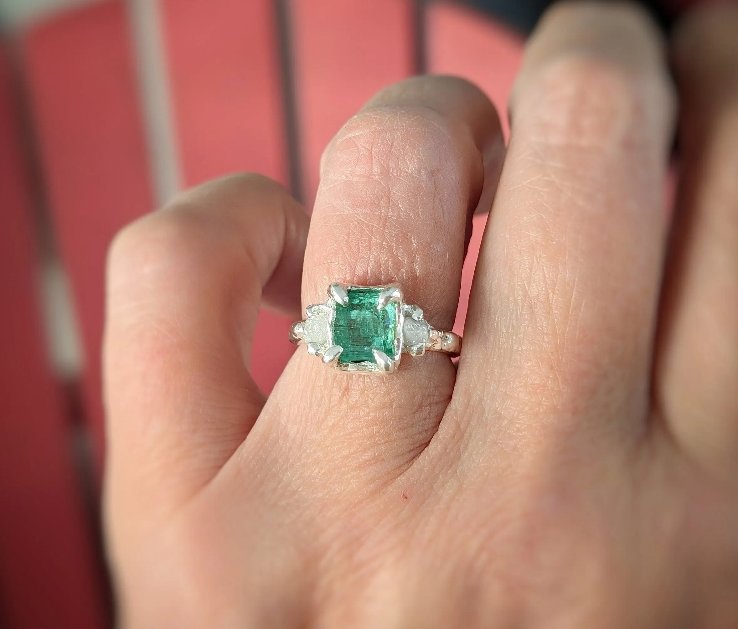 Raw Emerald and diamond engagement ring in Solid Sterling Silver