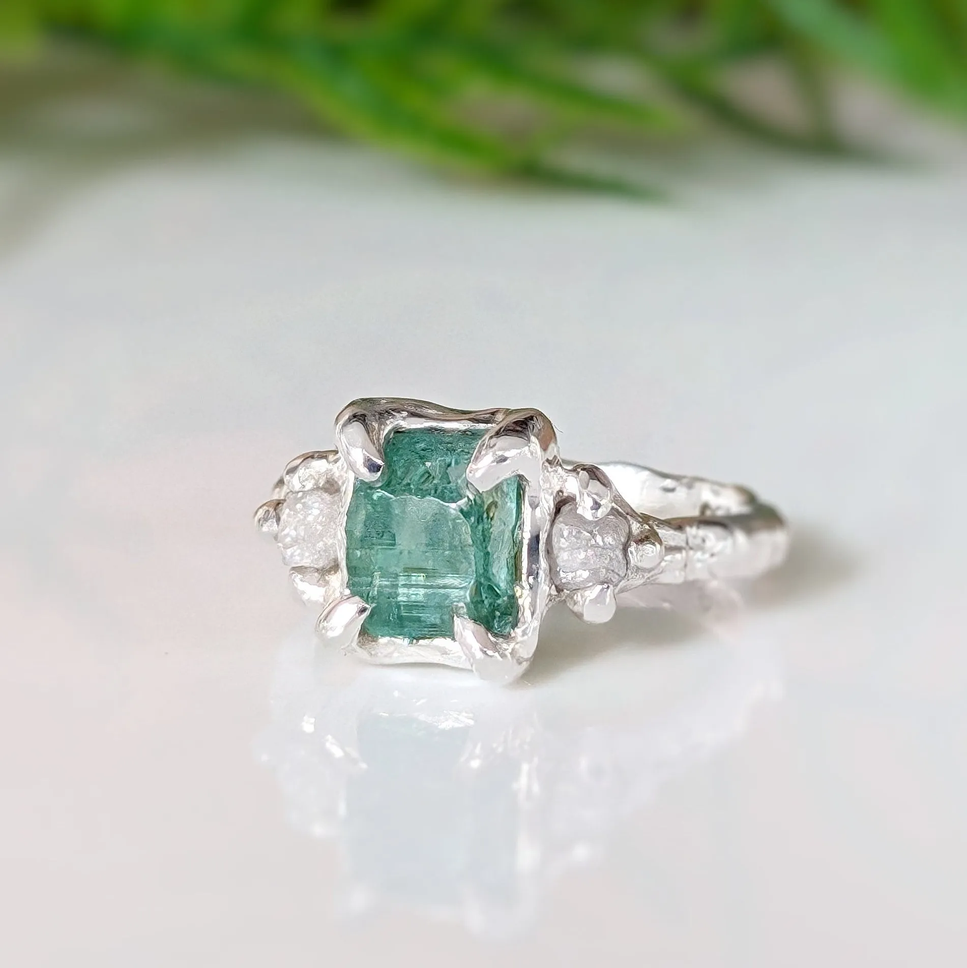 Raw Emerald and diamond engagement ring in Solid Sterling Silver