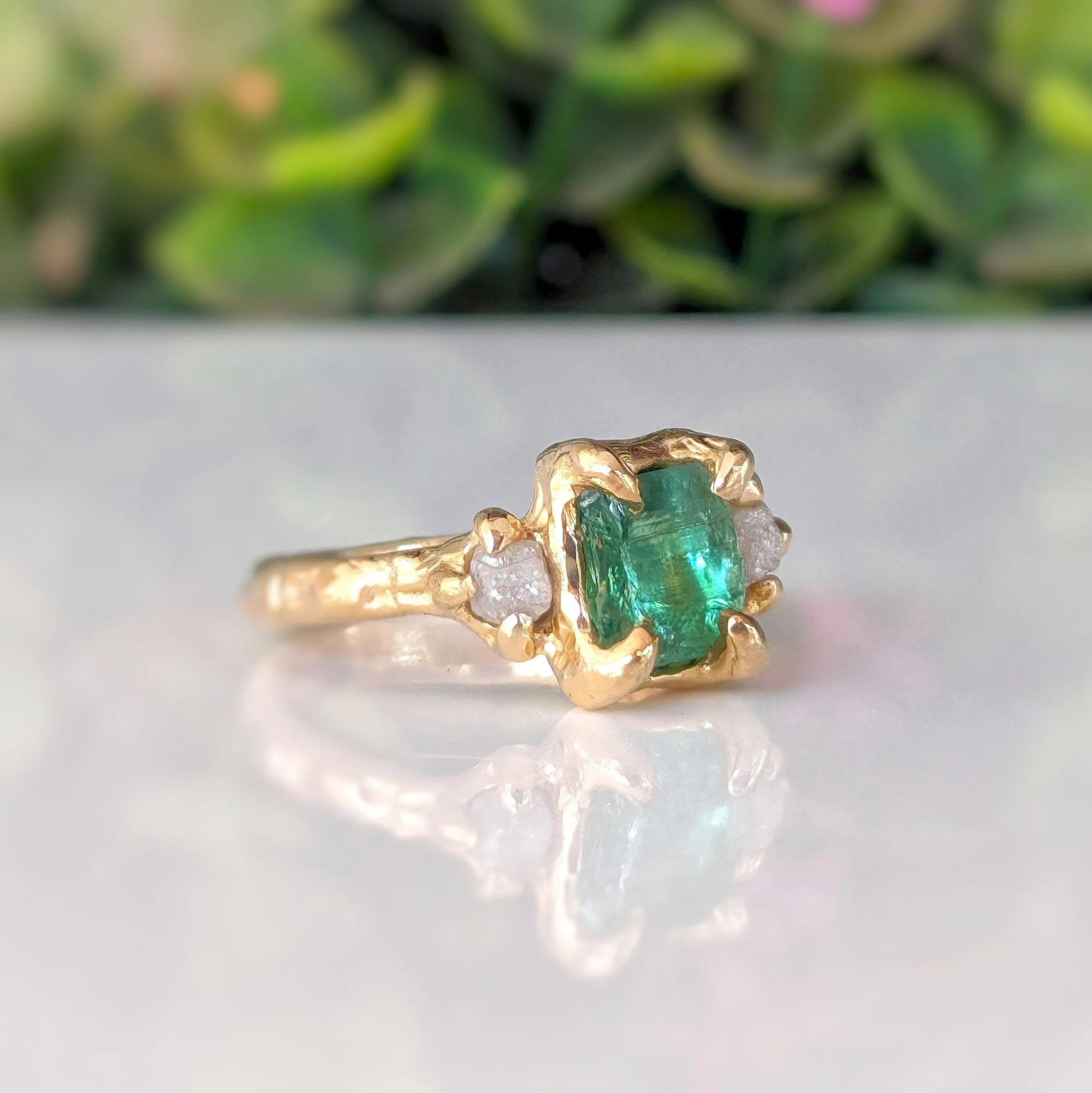 Raw Emerald and diamond engagement ring in Solid Sterling Silver