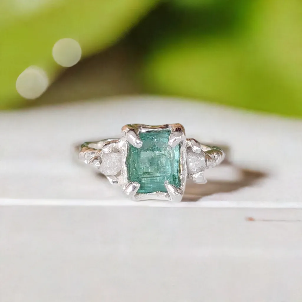 Raw Emerald and diamond engagement ring in Solid Sterling Silver