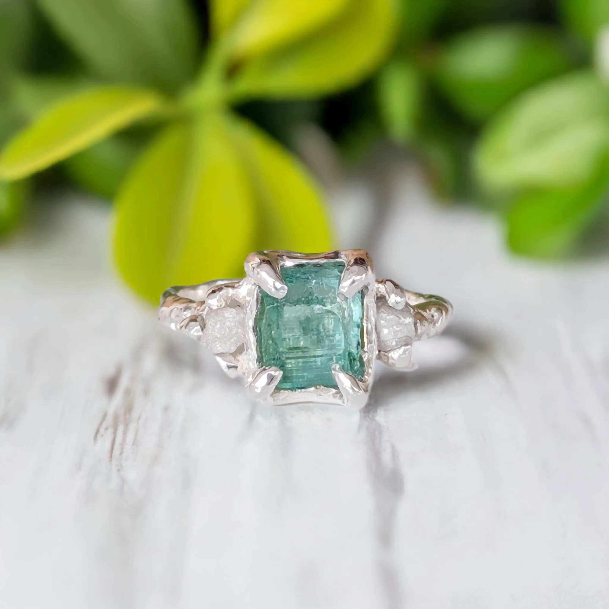Raw Emerald and diamond engagement ring in Solid Sterling Silver