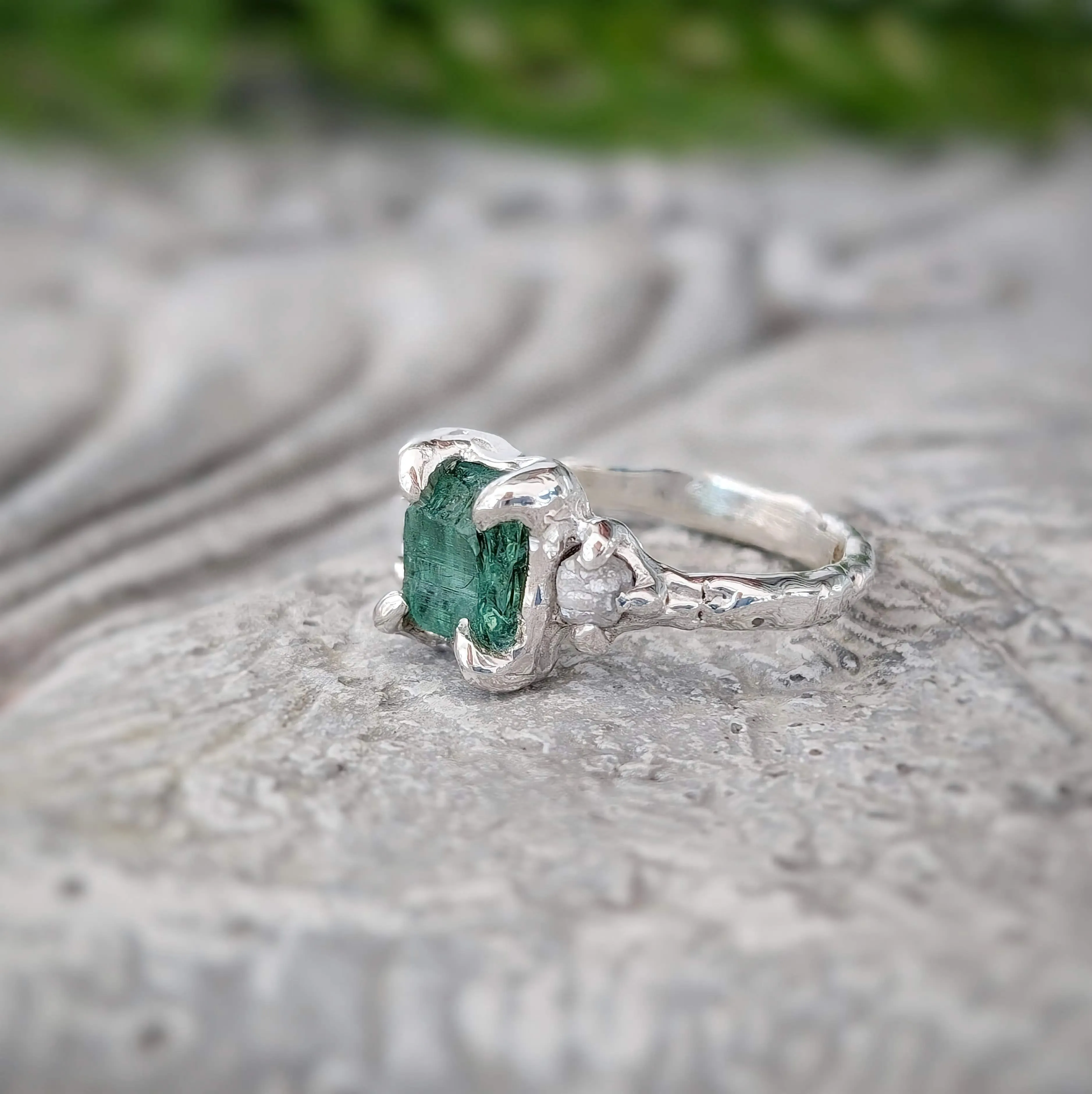 Raw Emerald and diamond engagement ring in Solid Sterling Silver