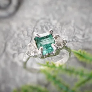 Raw Emerald and diamond engagement ring in Solid Sterling Silver