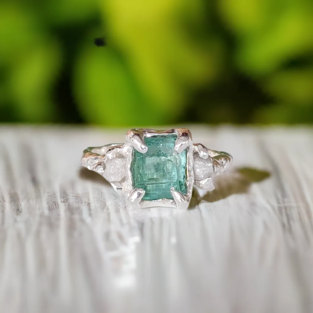 Raw Emerald and diamond engagement ring in Solid Sterling Silver