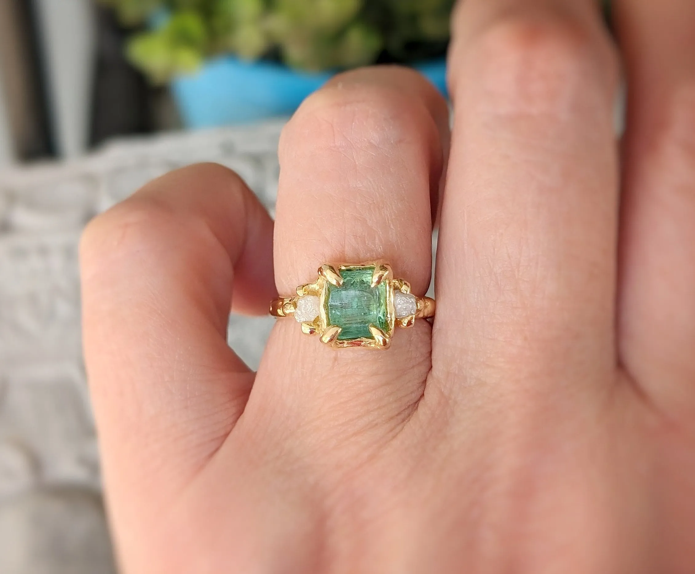 Raw Emerald and diamond engagement ring in Solid Sterling Silver