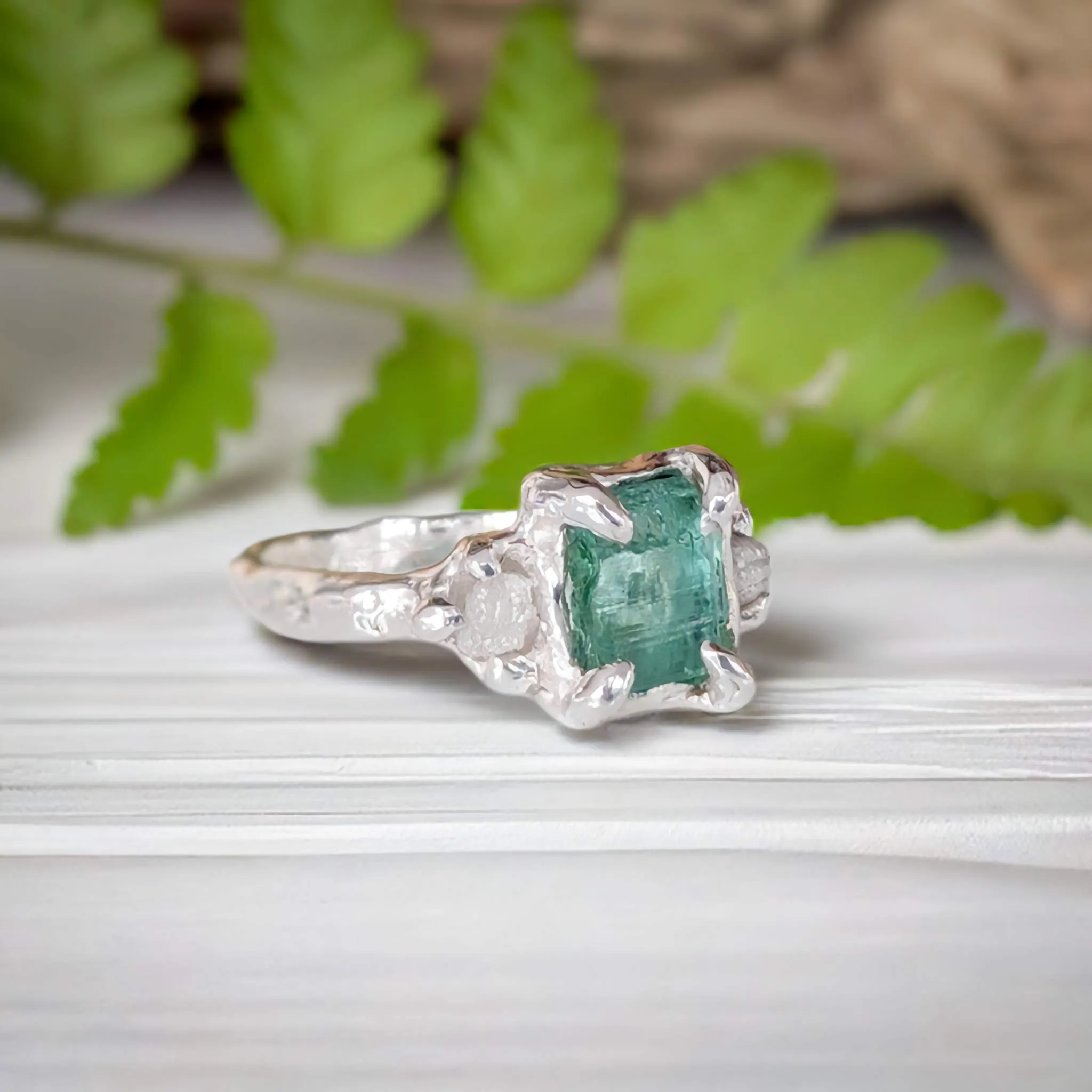Raw Emerald and diamond engagement ring in Solid Sterling Silver