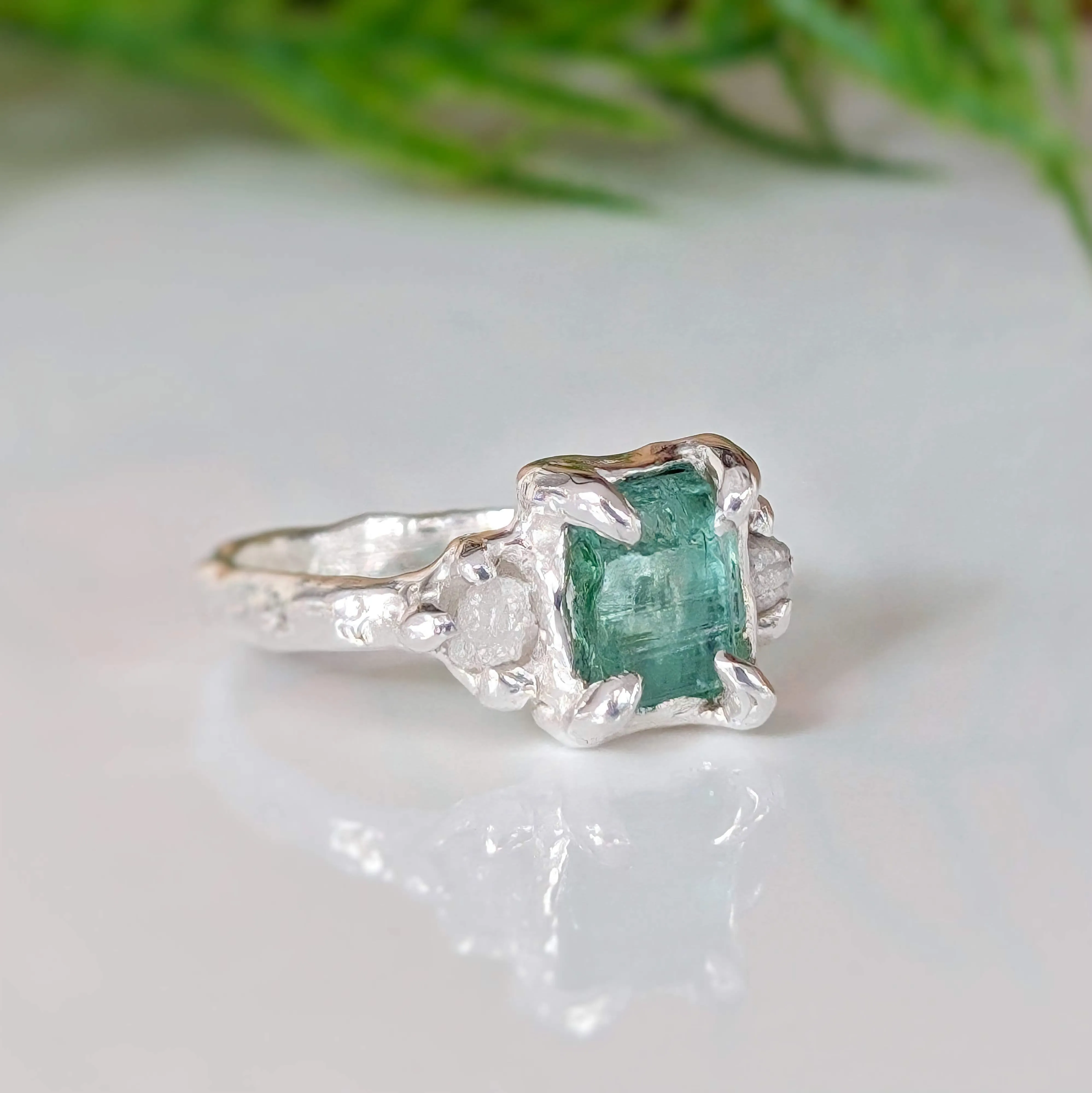 Raw Emerald and diamond engagement ring in Solid Sterling Silver