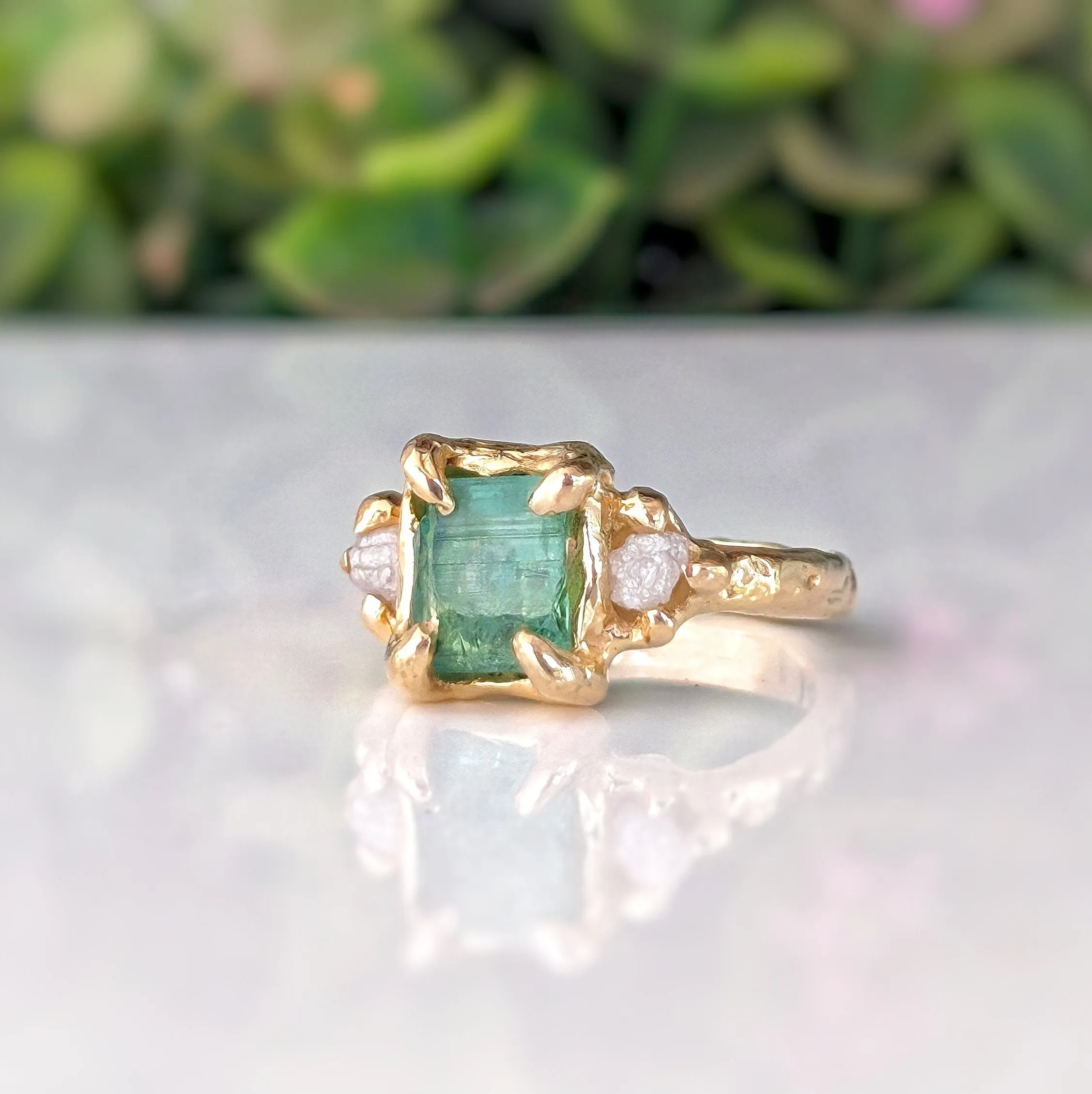 Raw Emerald and diamond engagement ring in Solid Sterling Silver