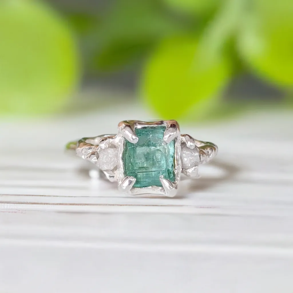 Raw Emerald and diamond engagement ring in Solid Sterling Silver