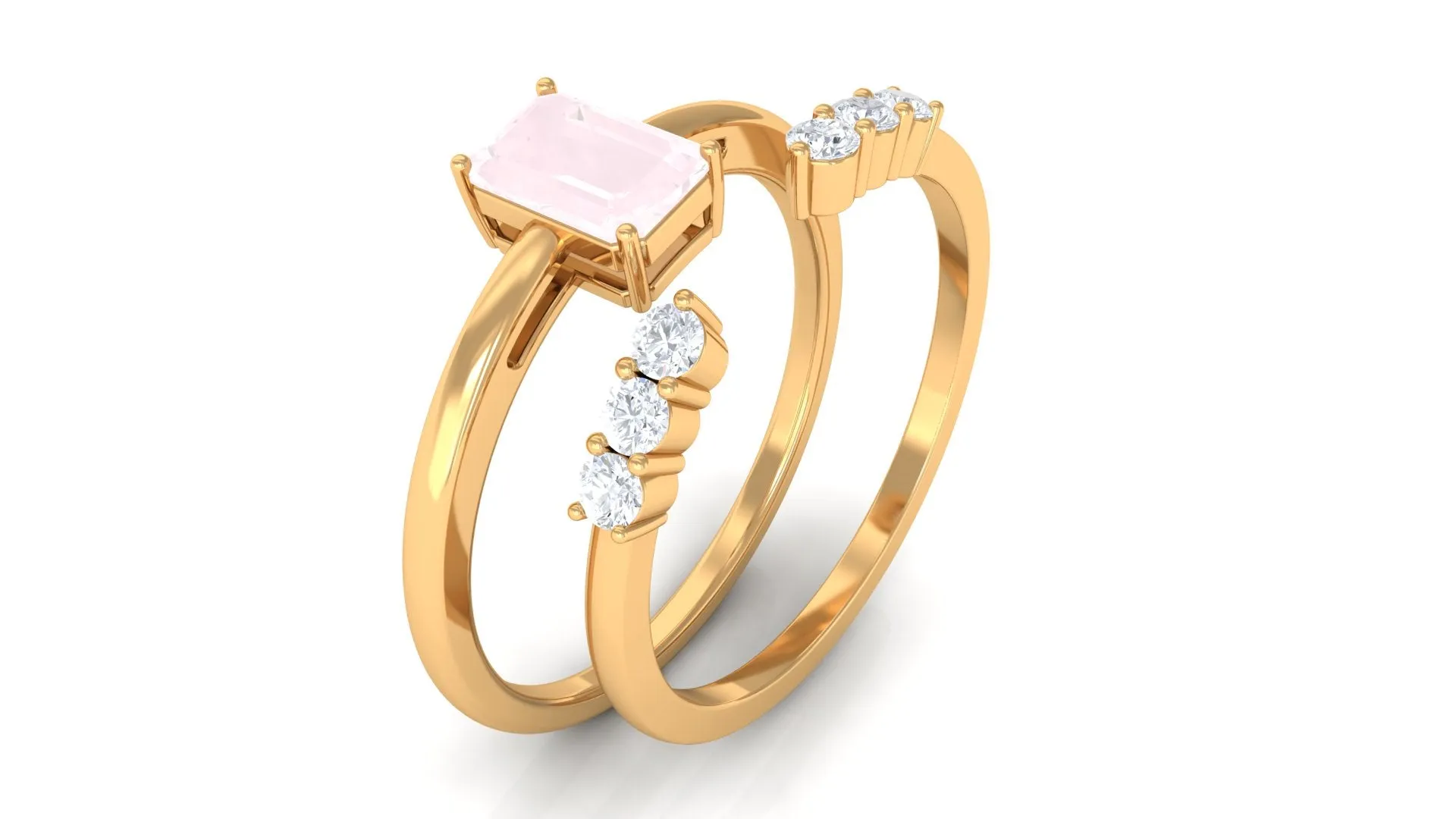 Real Rose Quartz Stackable Ring Set with Diamond