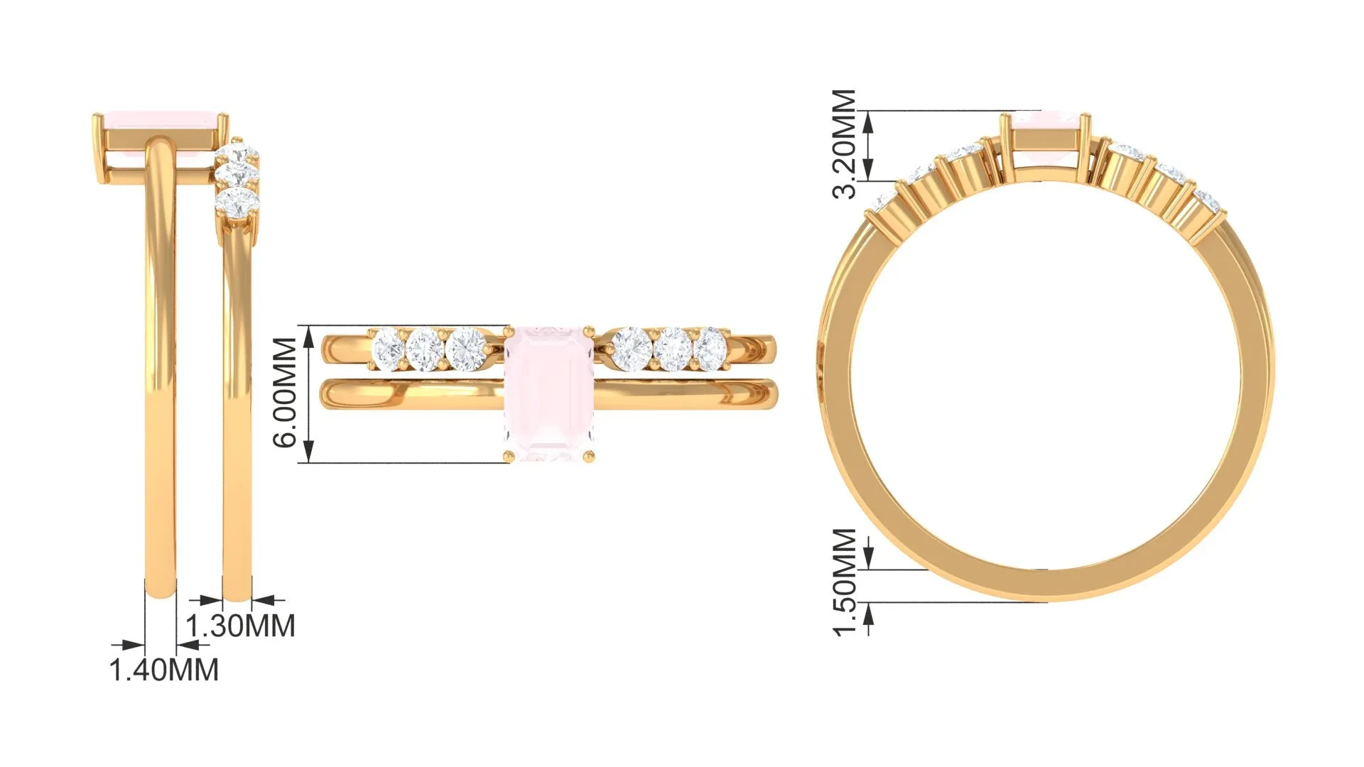 Real Rose Quartz Stackable Ring Set with Diamond