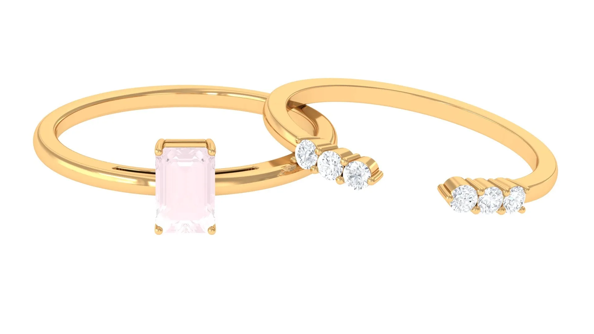 Real Rose Quartz Stackable Ring Set with Diamond
