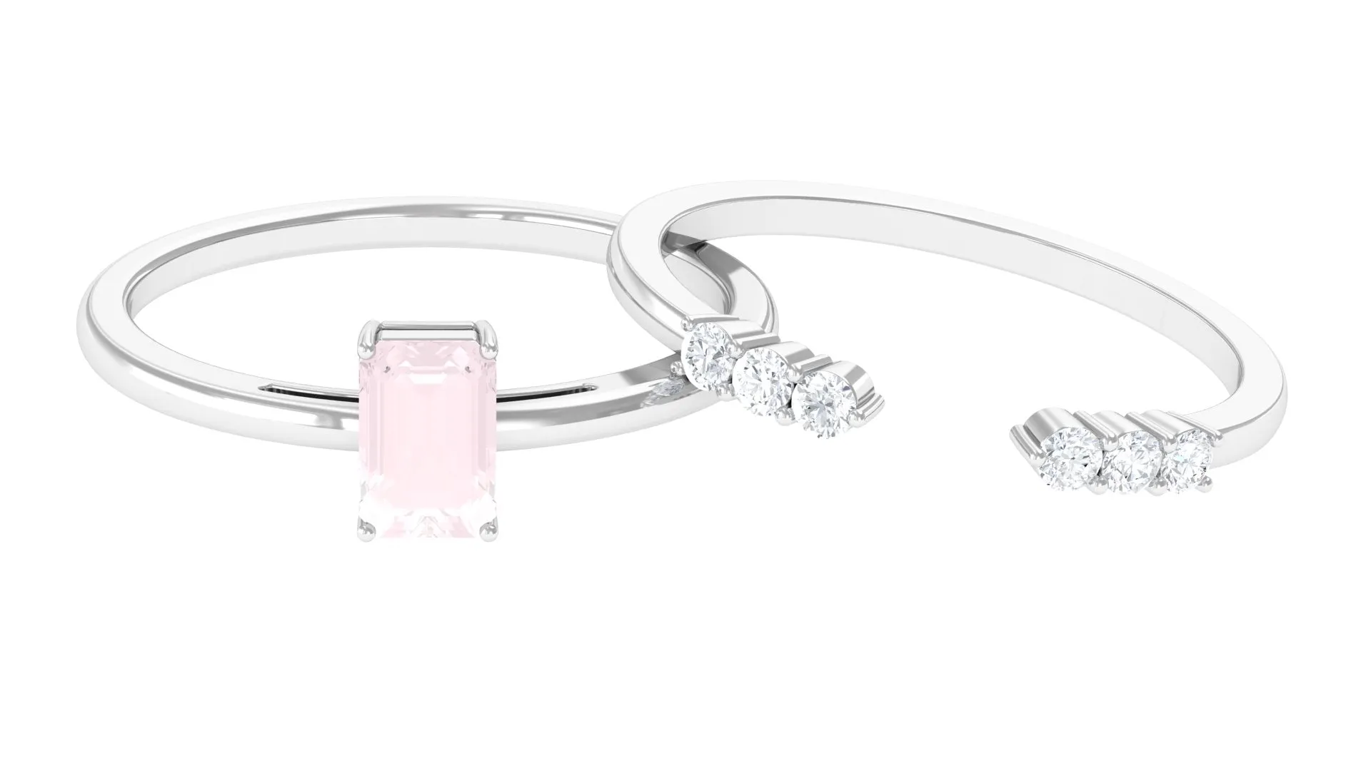 Real Rose Quartz Stackable Ring Set with Diamond