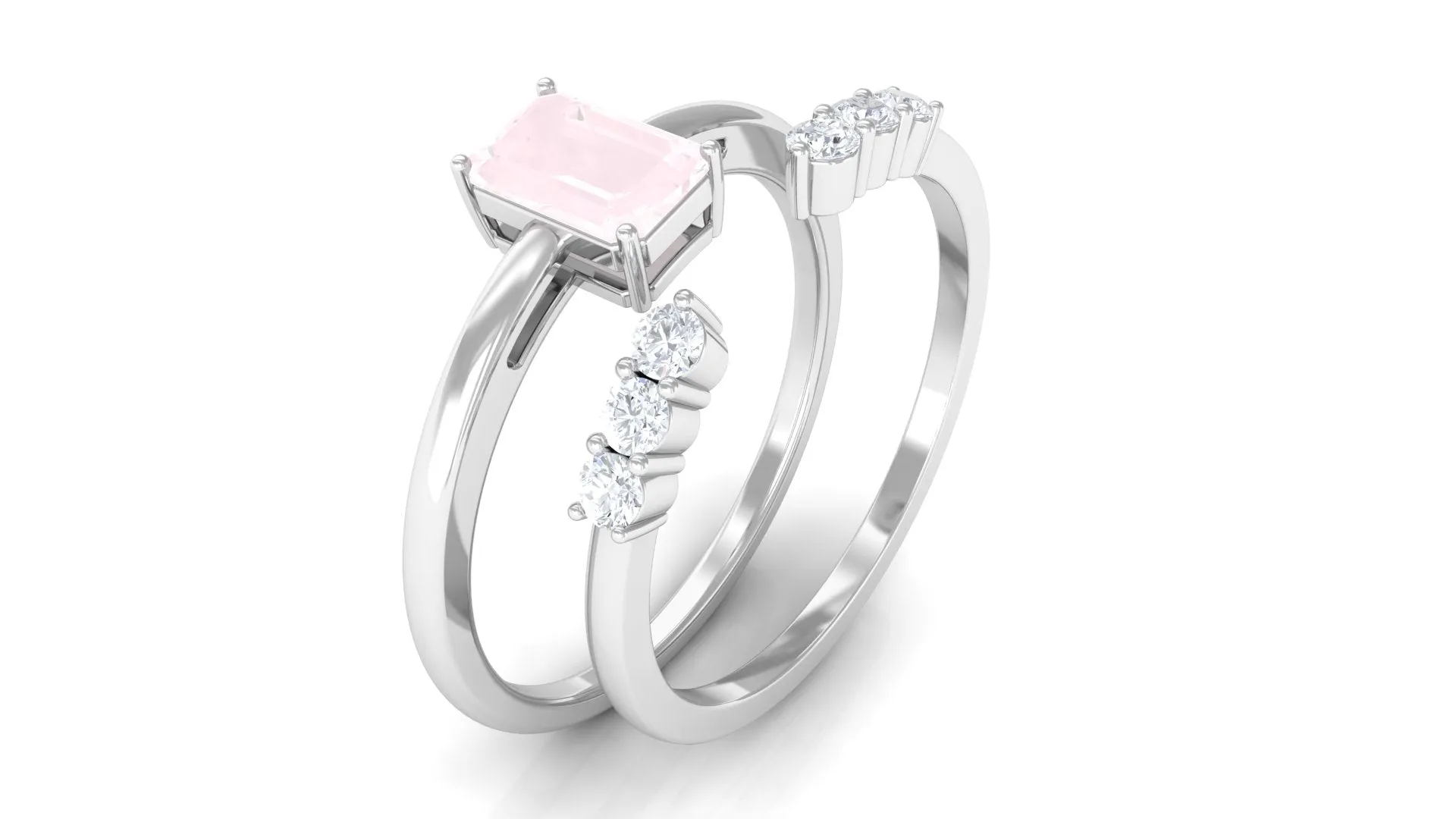 Real Rose Quartz Stackable Ring Set with Diamond