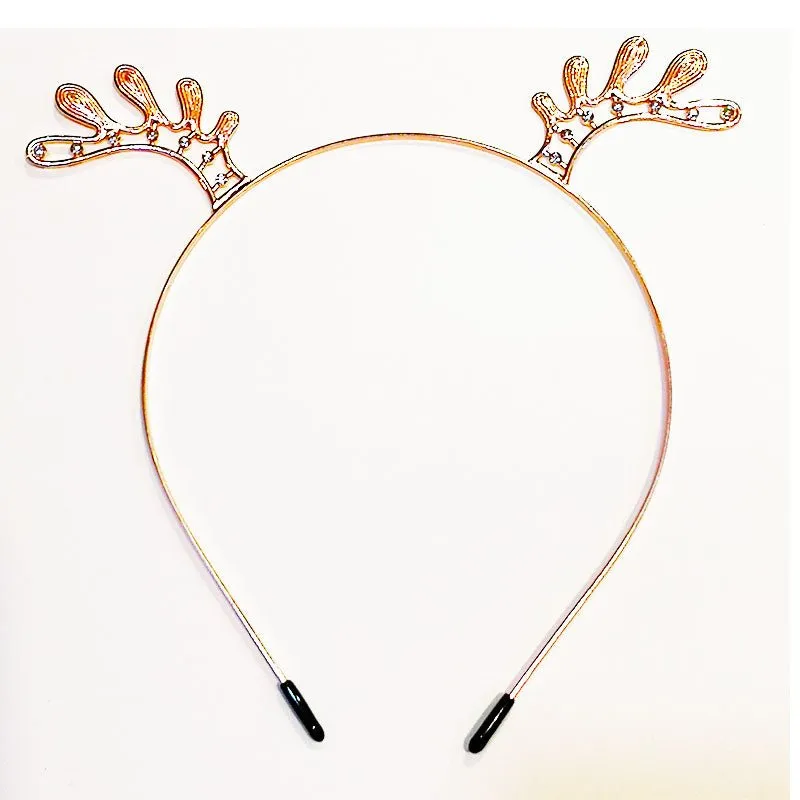 Rose Gold Metal Christmas Headband with Diamonds - Reindeer Antler