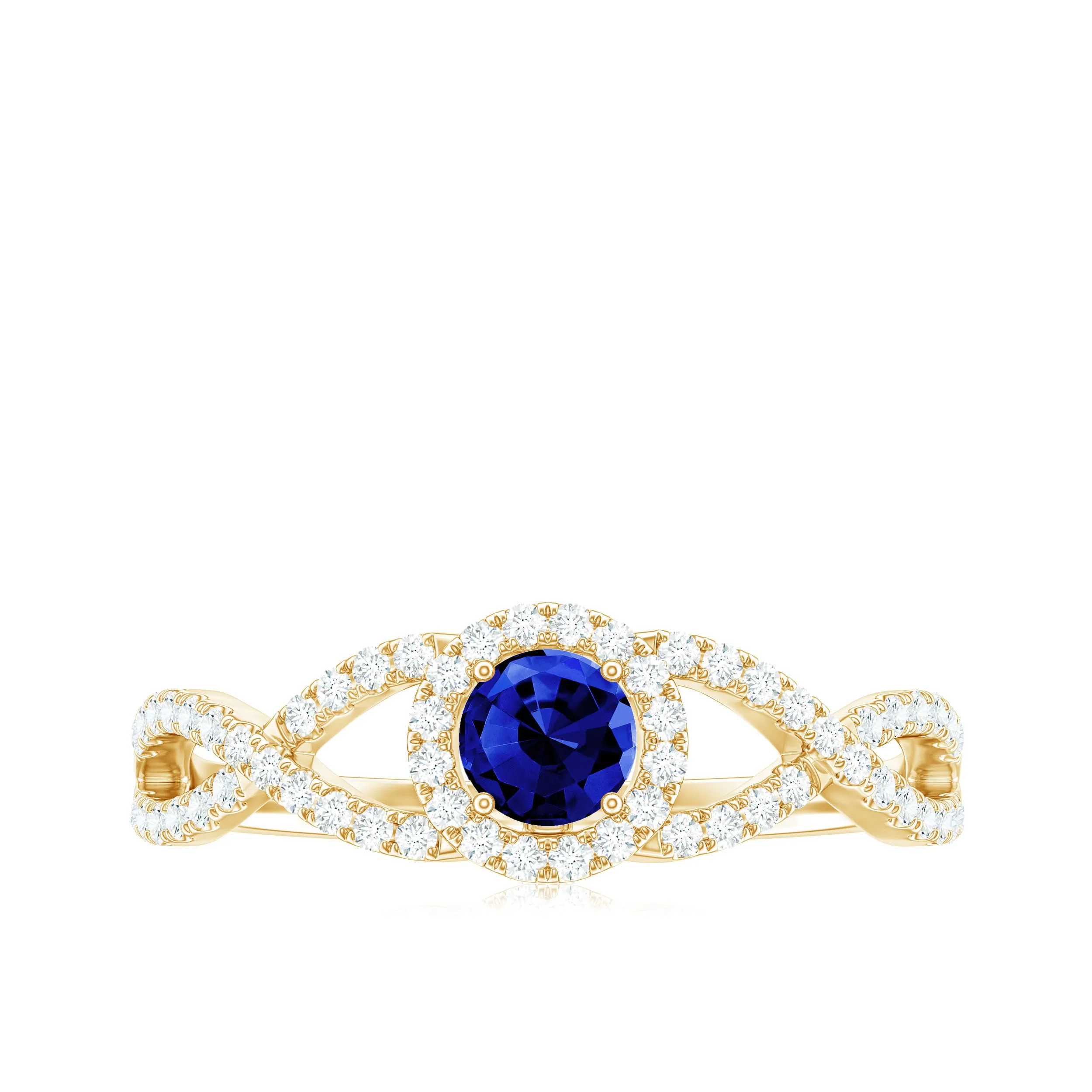 Round Created Blue Sapphire Crisscross Engagement Ring with Moissanite Halo