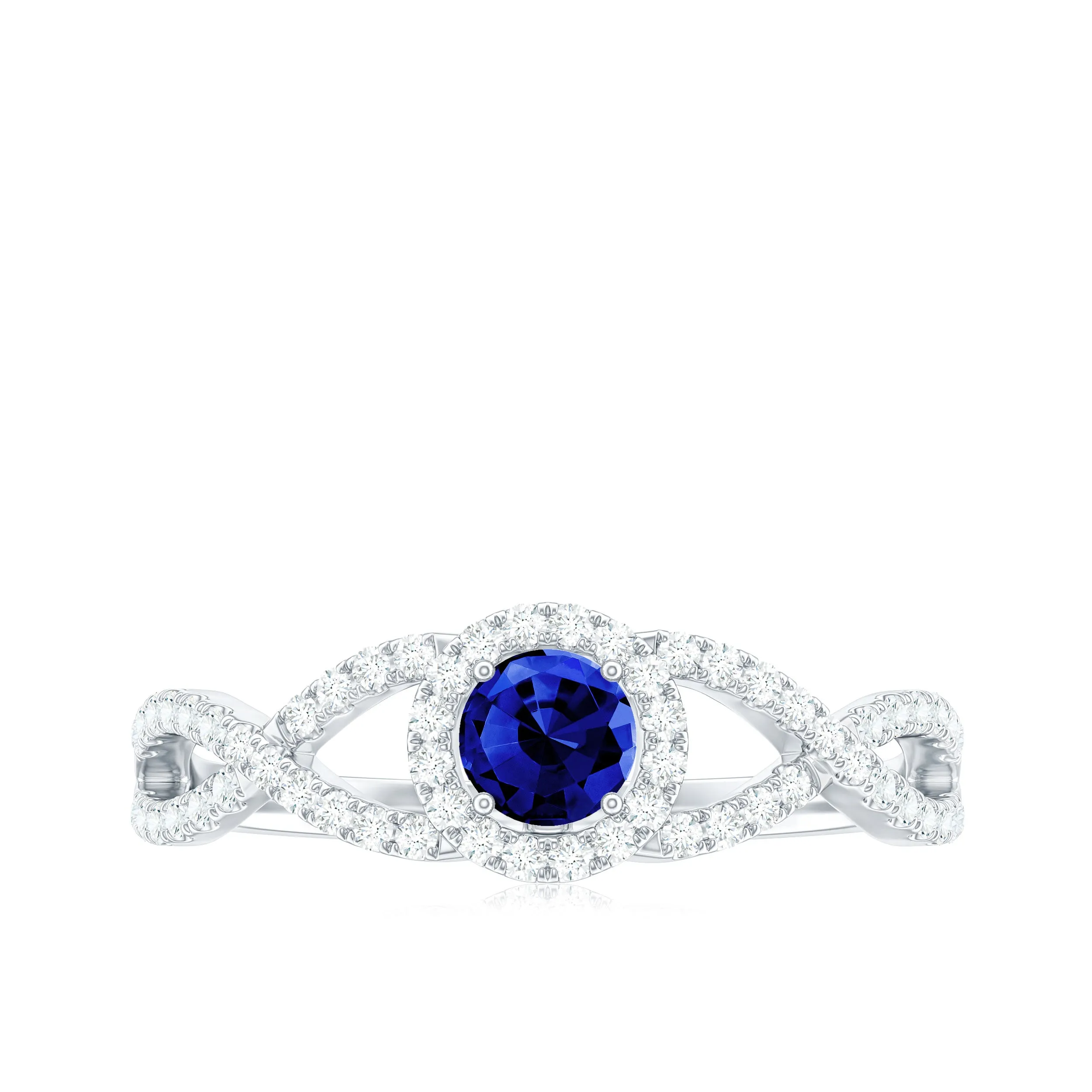Round Created Blue Sapphire Crisscross Engagement Ring with Moissanite Halo