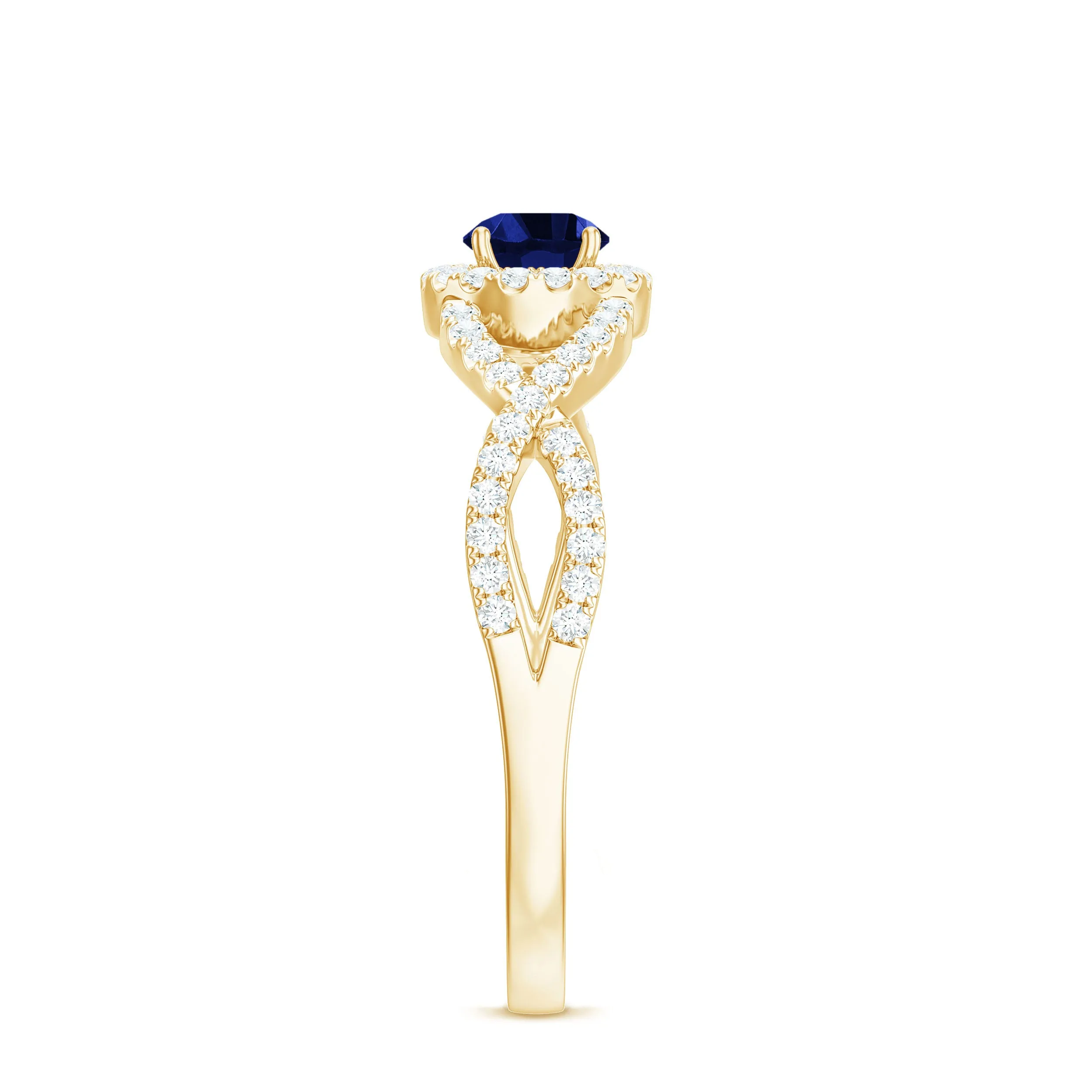 Round Created Blue Sapphire Crisscross Engagement Ring with Moissanite Halo