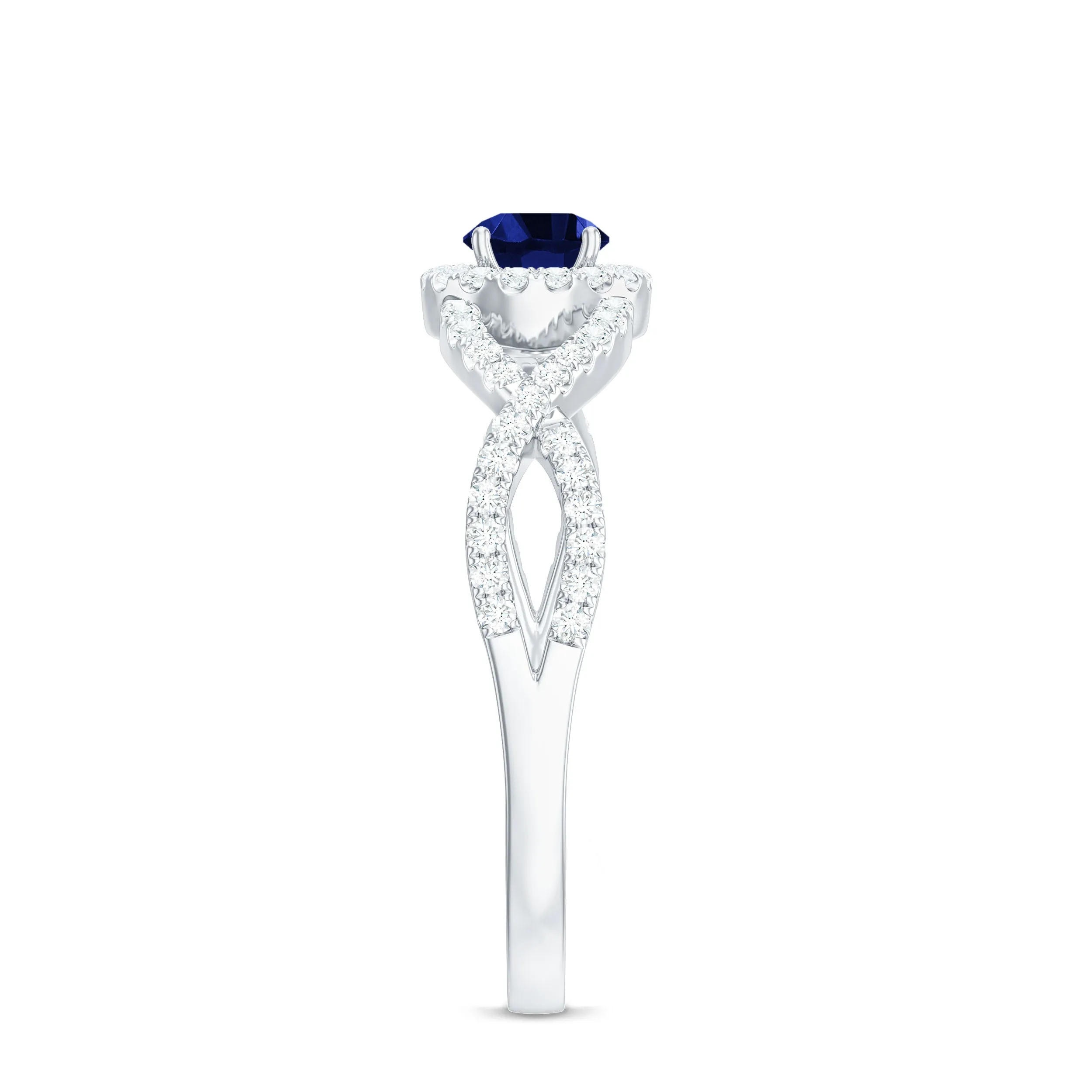 Round Created Blue Sapphire Crisscross Engagement Ring with Moissanite Halo