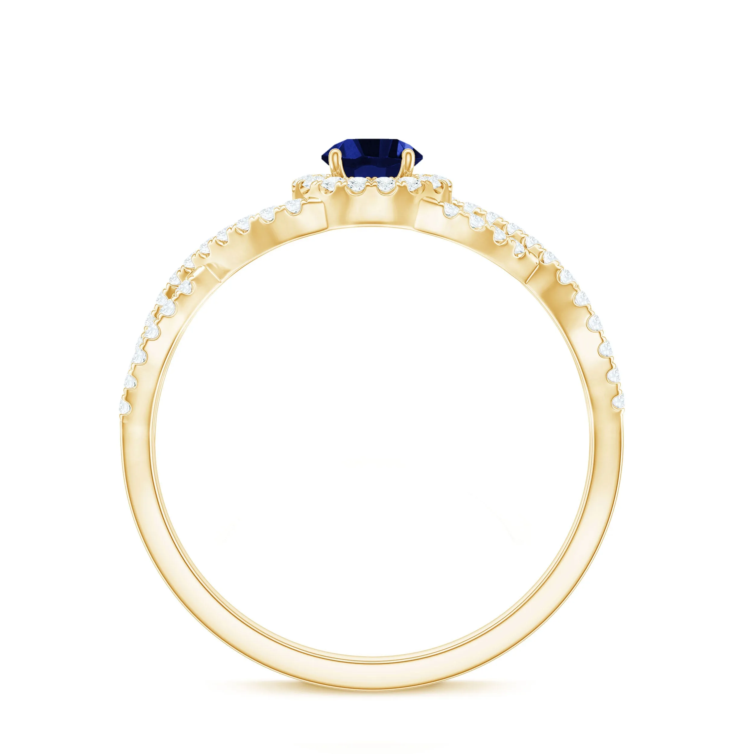 Round Created Blue Sapphire Crisscross Engagement Ring with Moissanite Halo