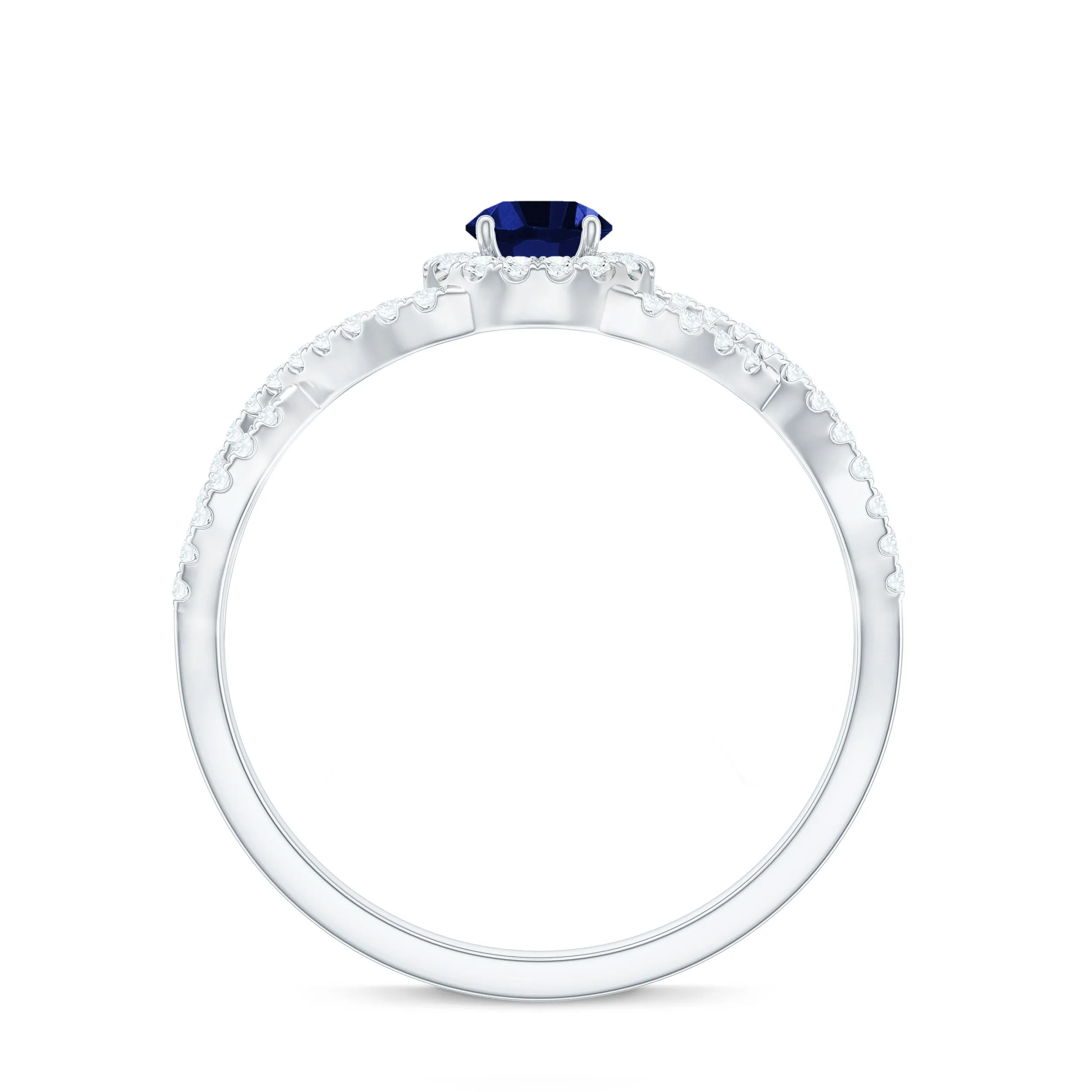 Round Created Blue Sapphire Crisscross Engagement Ring with Moissanite Halo