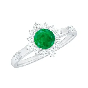 Round Emerald Classic Halo Engagement Ring with Diamond