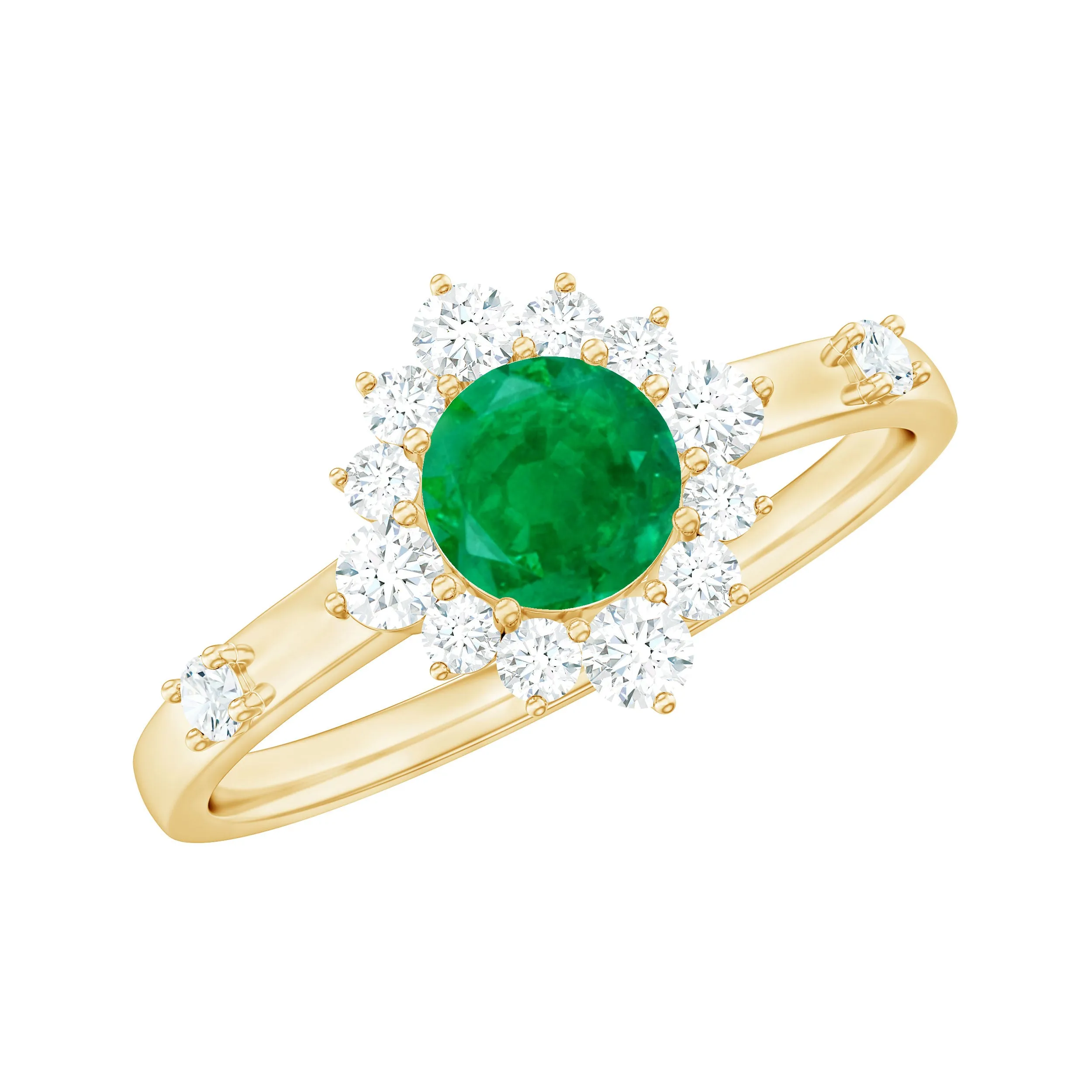 Round Emerald Classic Halo Engagement Ring with Diamond