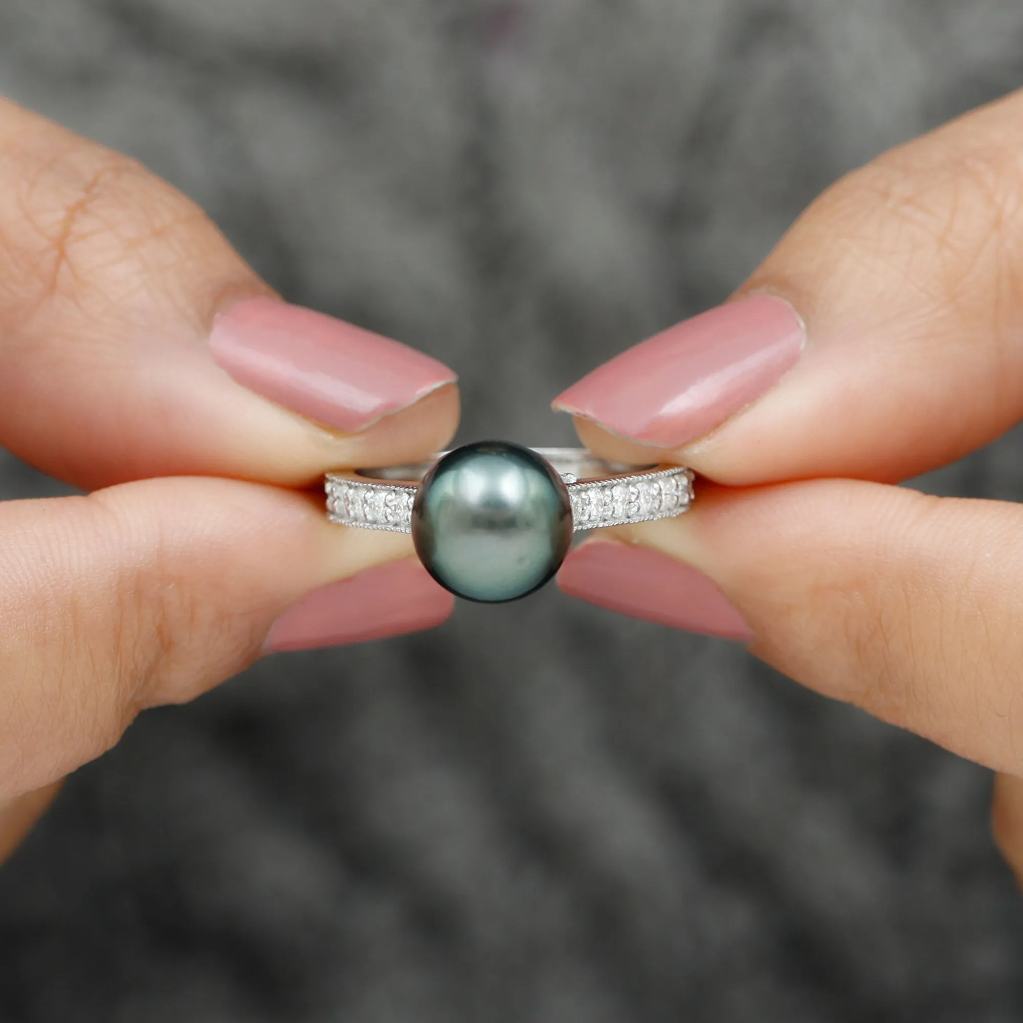 Round Tahitian Pearl Solitaire Ring with Diamond Side Stones