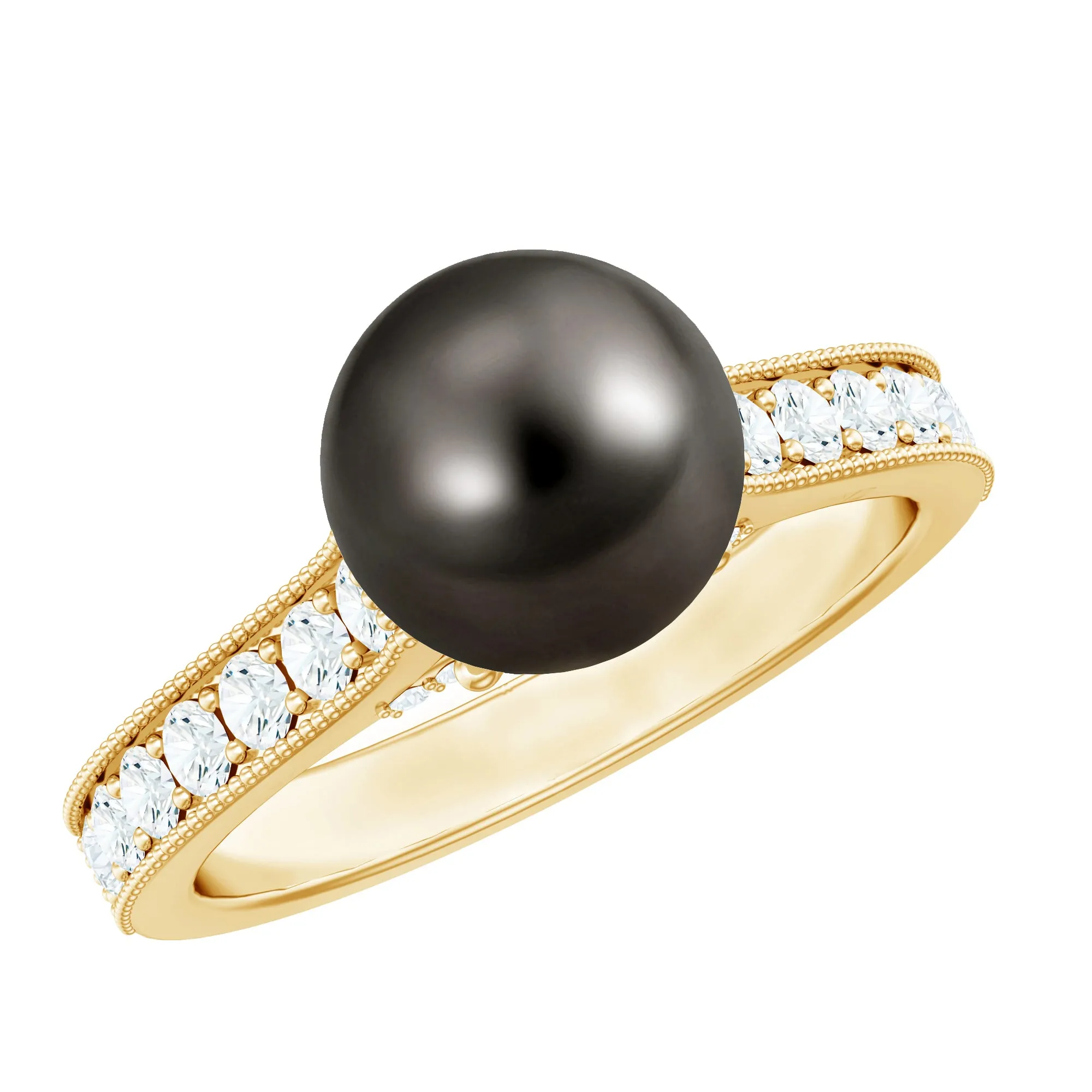 Round Tahitian Pearl Solitaire Ring with Diamond Side Stones