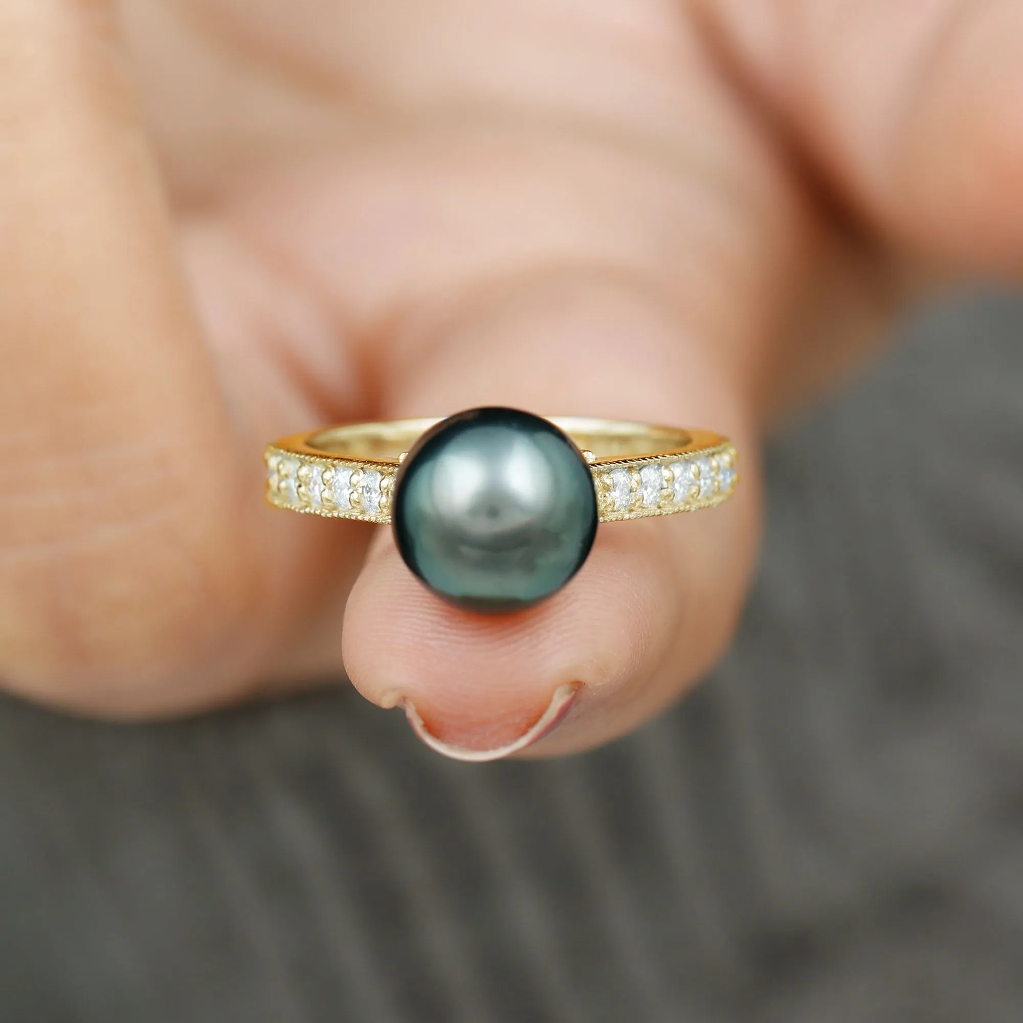 Round Tahitian Pearl Solitaire Ring with Diamond Side Stones